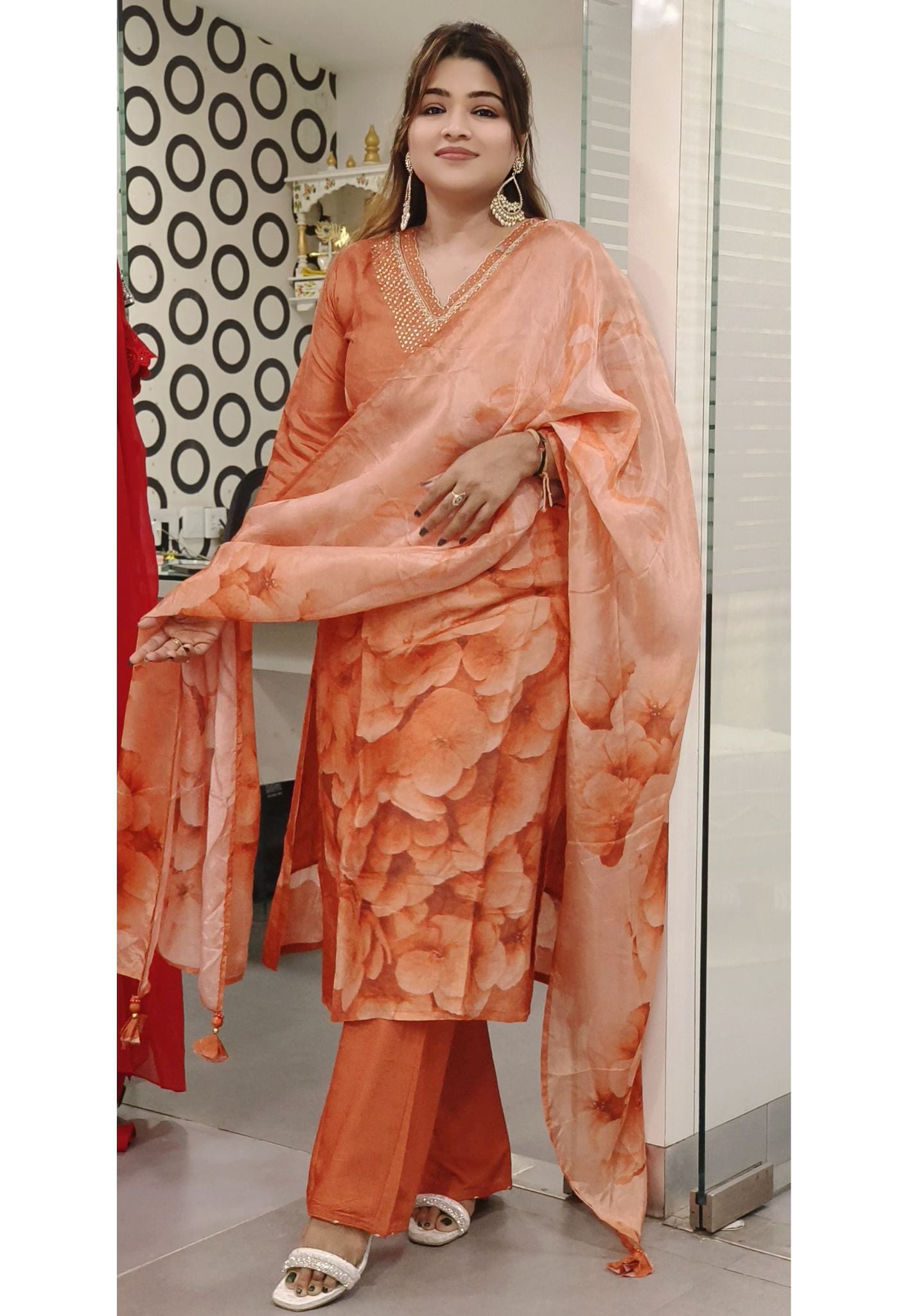 Orange Silk  Flower Print  kurta Pant With Dupatta-06640