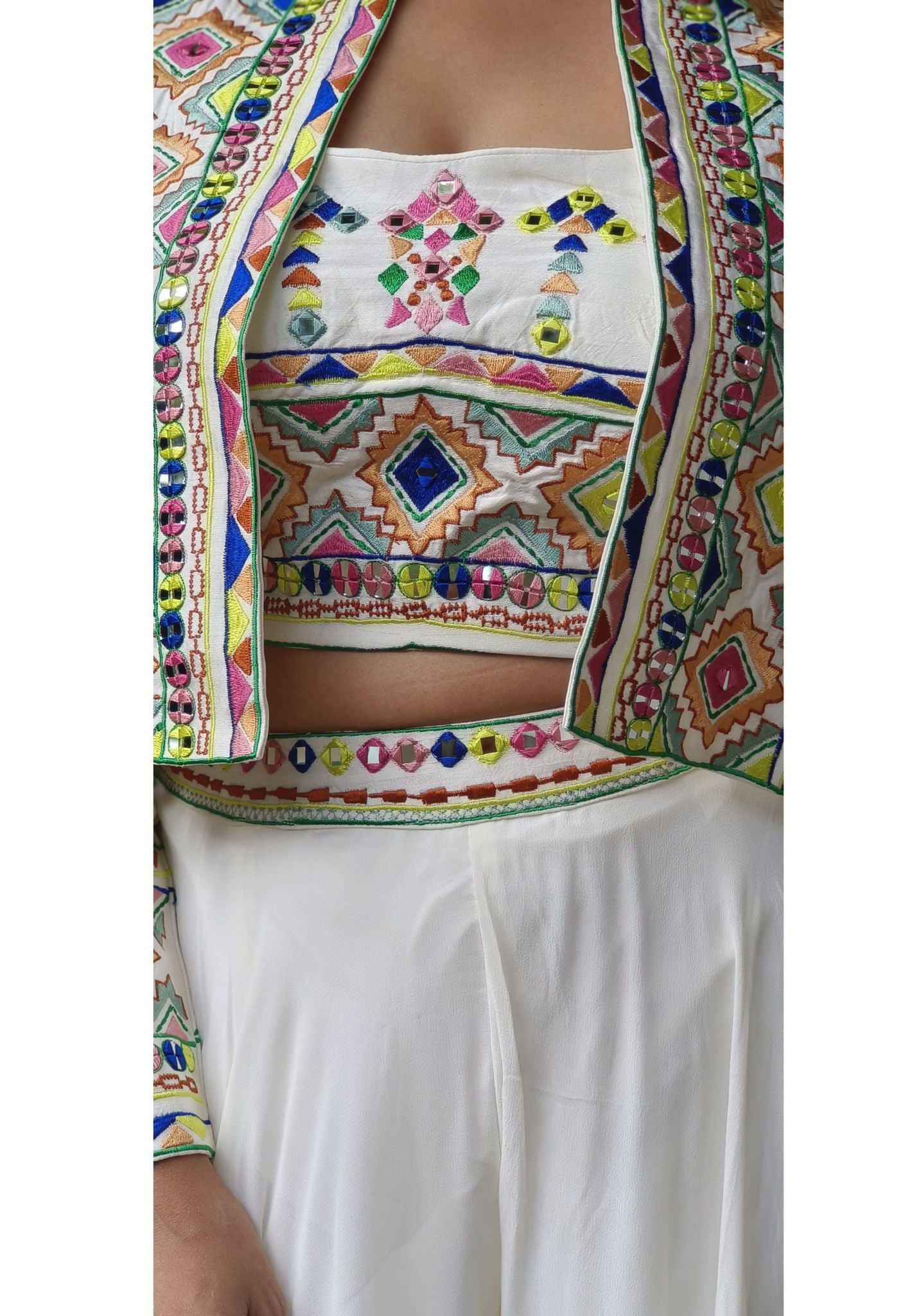 Beautiful Embroidered Silk Crop Top Off White Embroidery Inner Silk Jacket With Georgette palazzo-DRYWASH