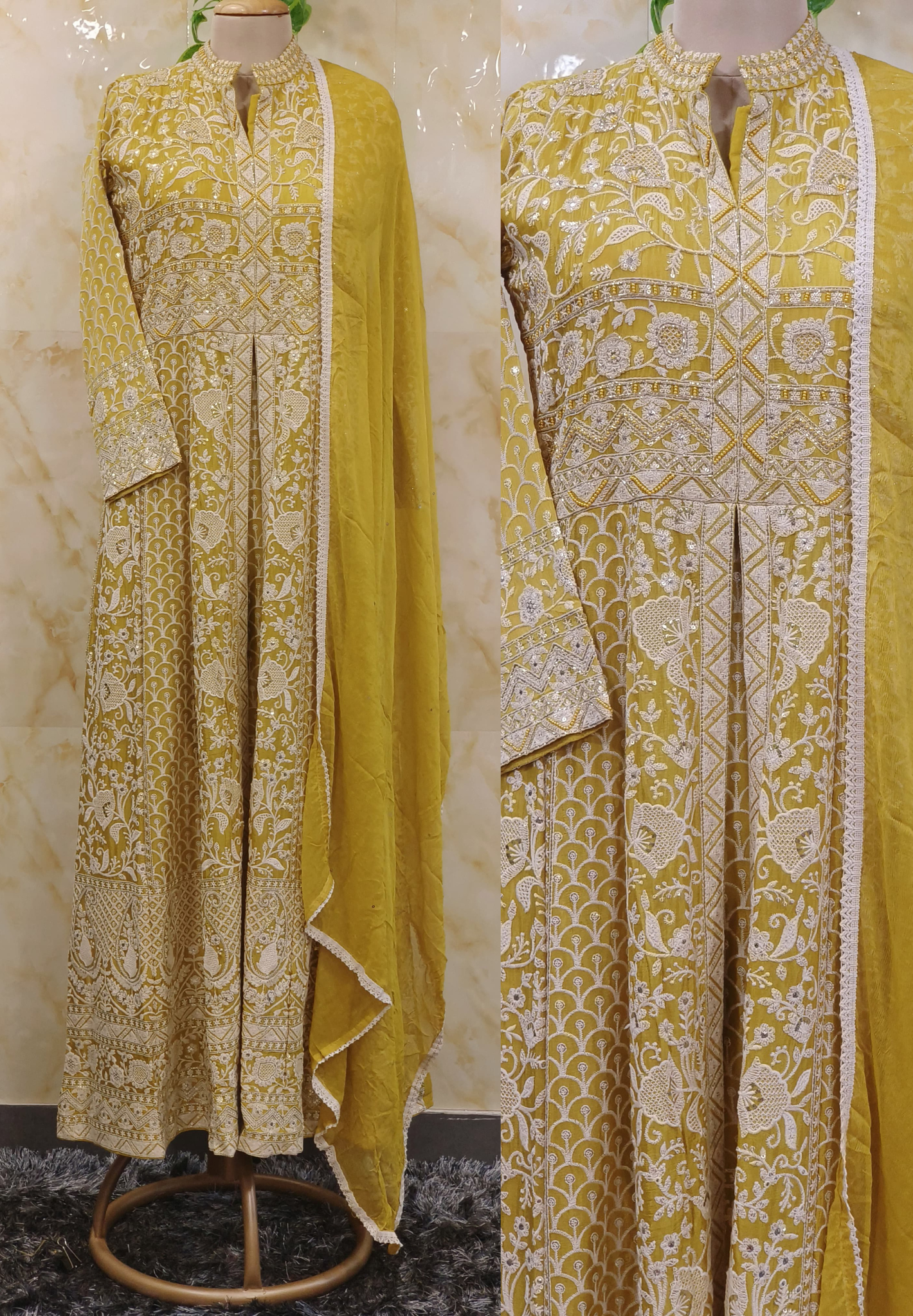 Designer Heavy Embroidered  Long Front Slit Gown With Embroidered Pants And Dupatta -07062