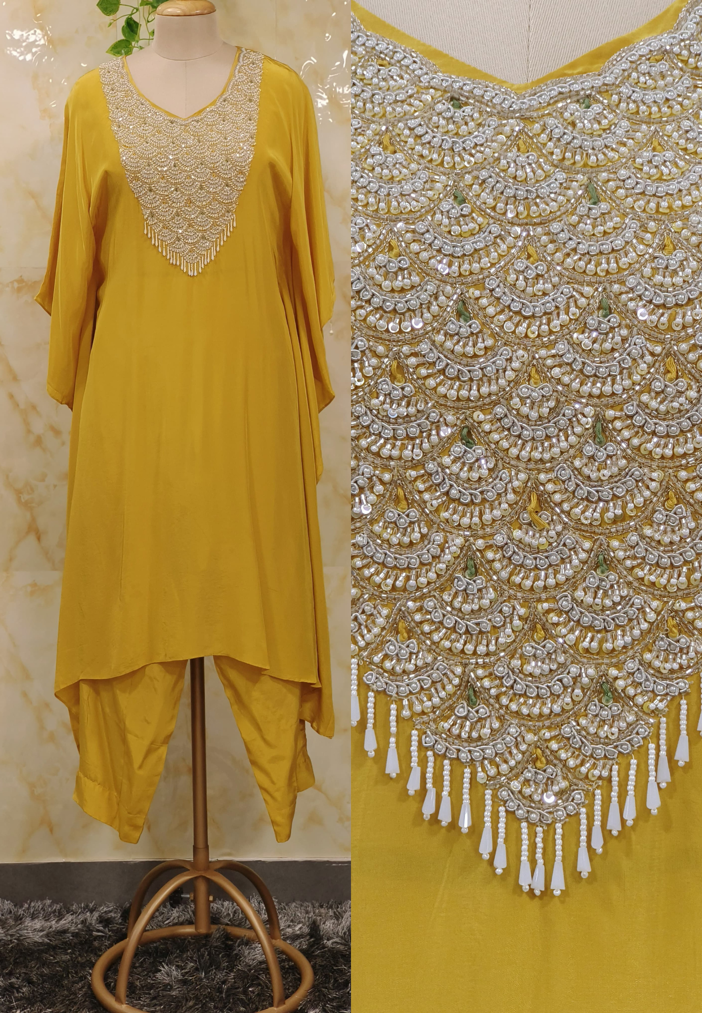 Yellow embroidered Crape Kaftan with inner and Pant -06740