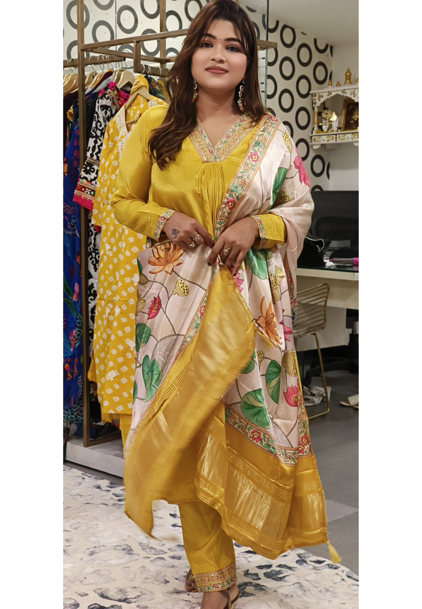 Pure Crape V-Neck lace Aline Full suit set with gajji silk Dupatta-07030