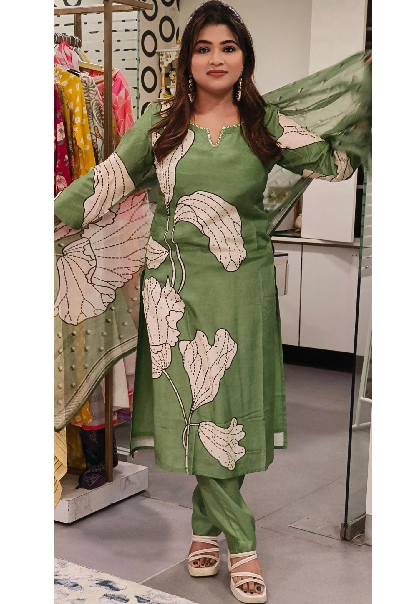 Flower Print Silk Full suit set-06693