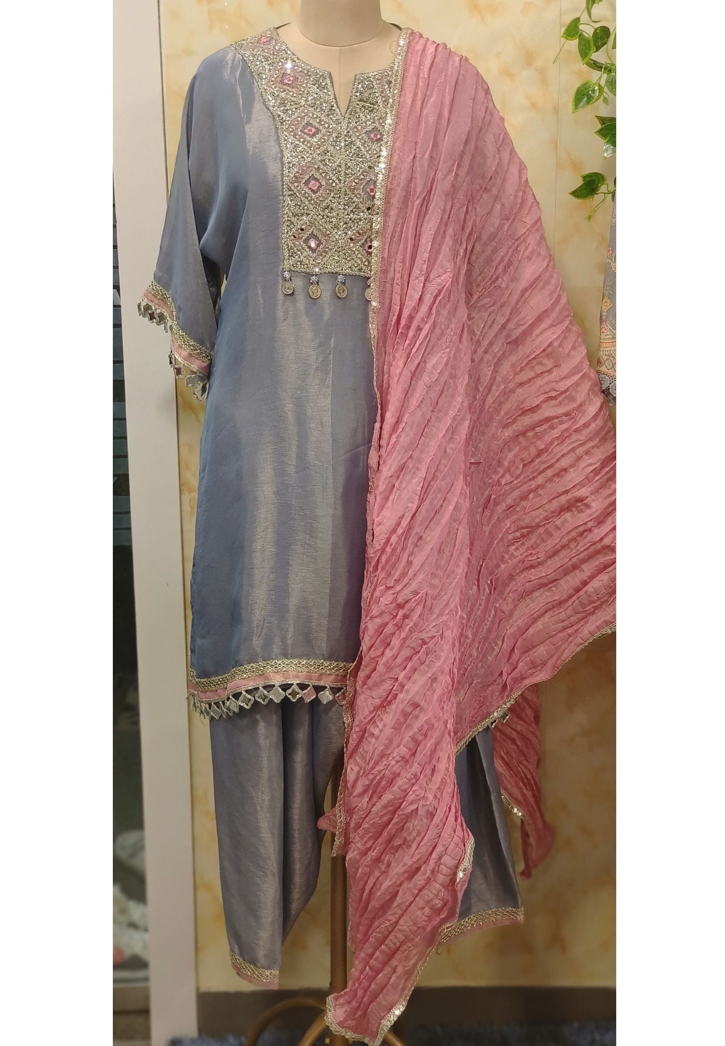 Party Wear Shimmer Tissue  Real Mirror Work Full Suit With Tissue Dupatta DRYWASH-