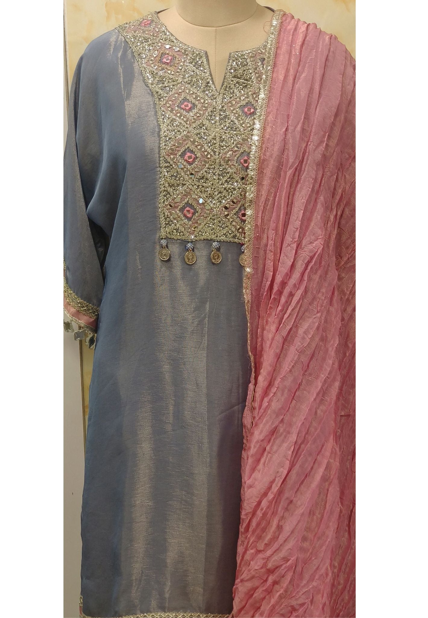 Party Wear Shimmer Tissue  Real Mirror Work Full Suit With Tissue Dupatta DRYWASH-