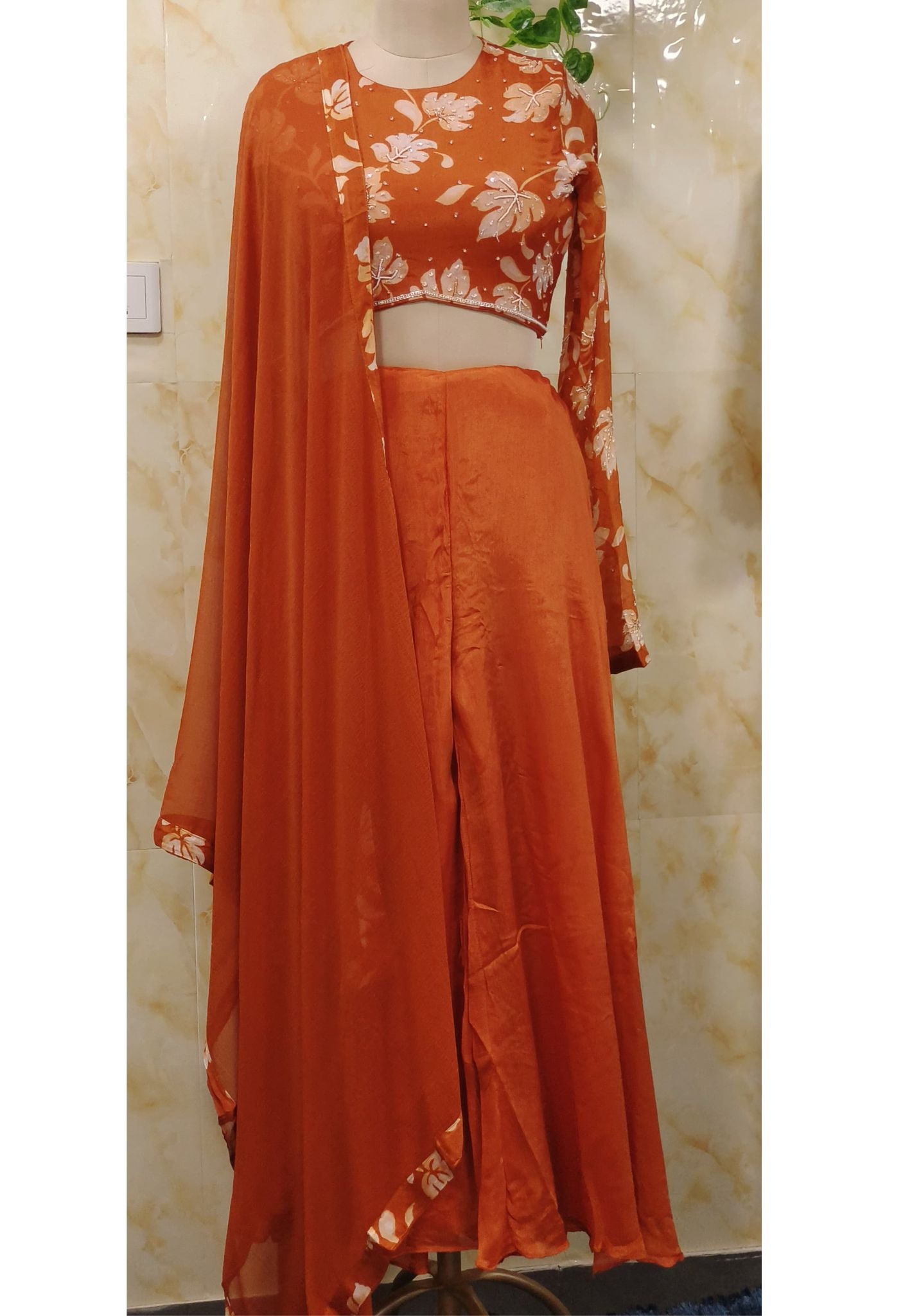 Indo Western Floral Crop Top With Loose Palazzo Pant And Dupatta   07043