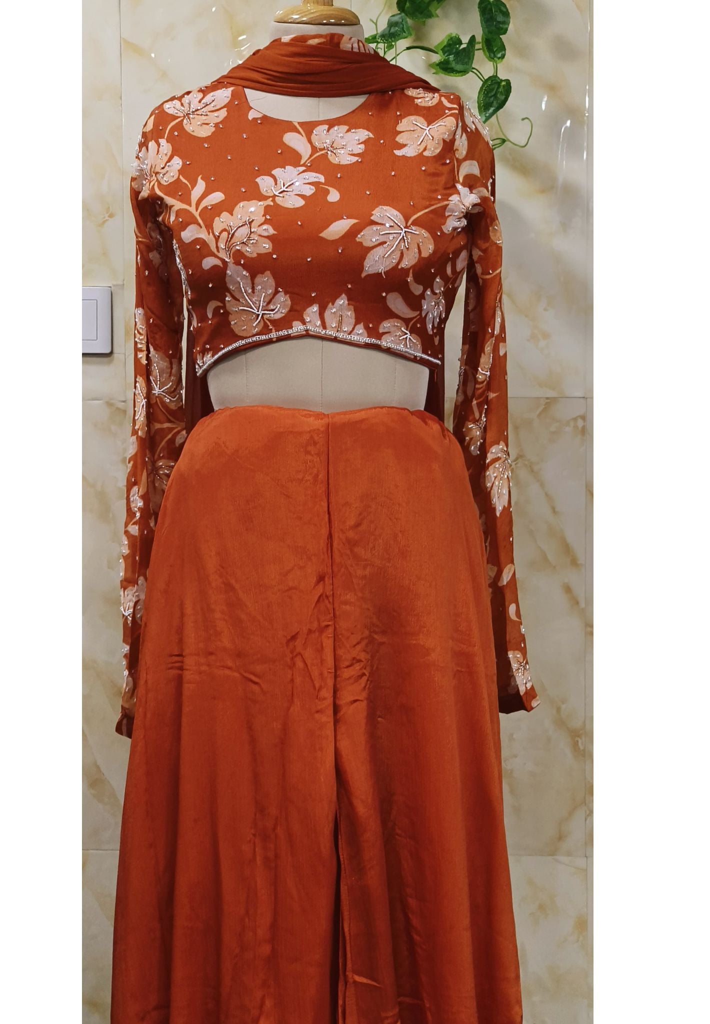 Indo Western Floral Crop Top With Loose Palazzo Pant And Dupatta   07043