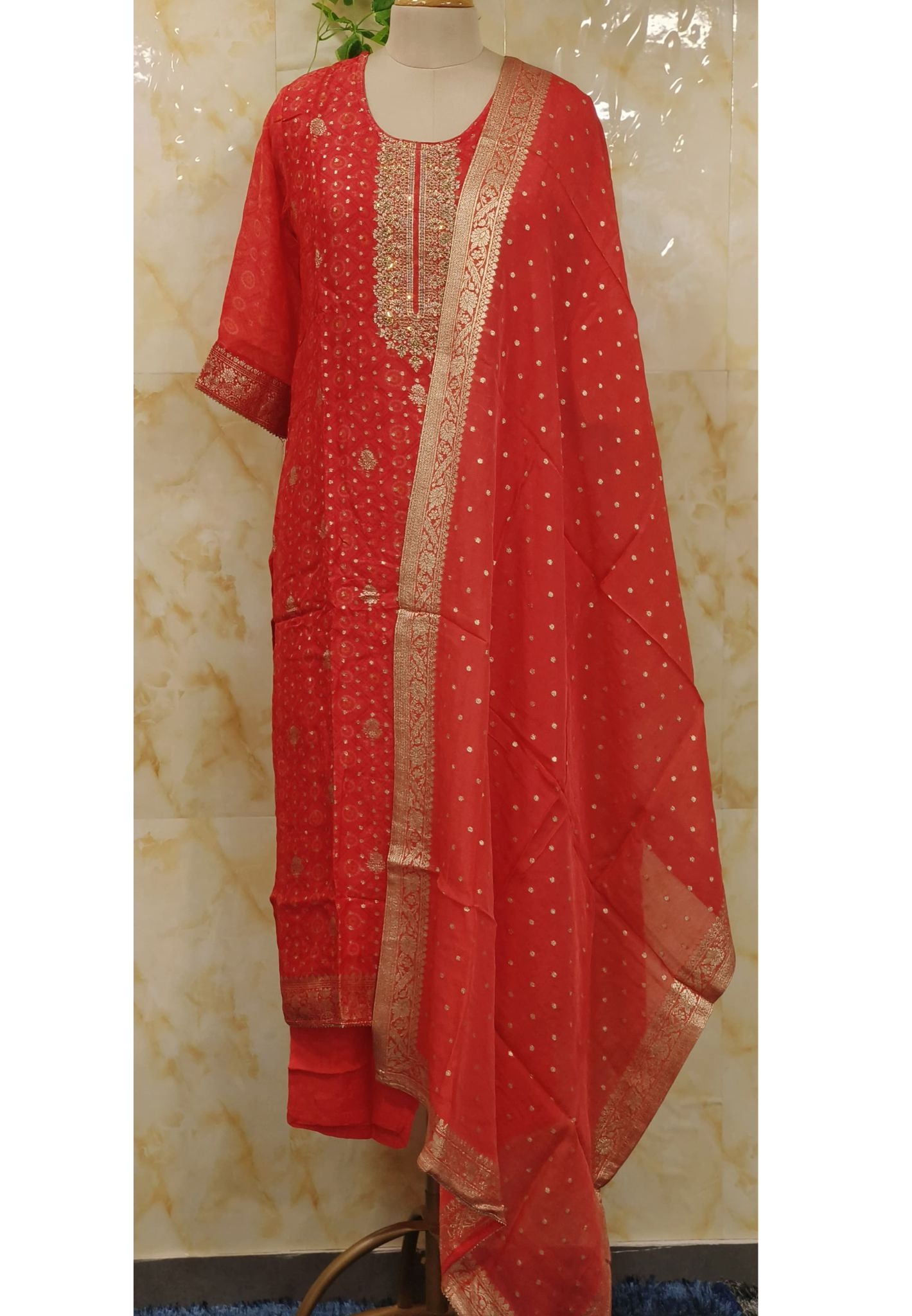 Beautiful Orange Banarasi Dupatta  look Full Suit Set With Lining  07181