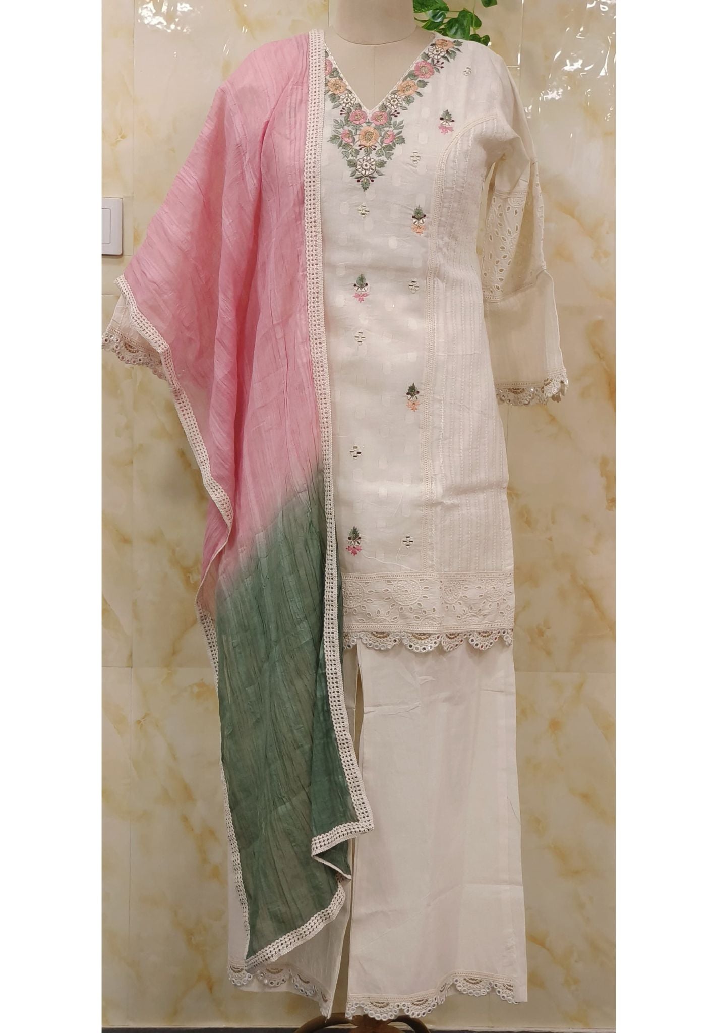 Flower Thread Embroidered Short lenght Full Suit set With Flare Sleeves 05750