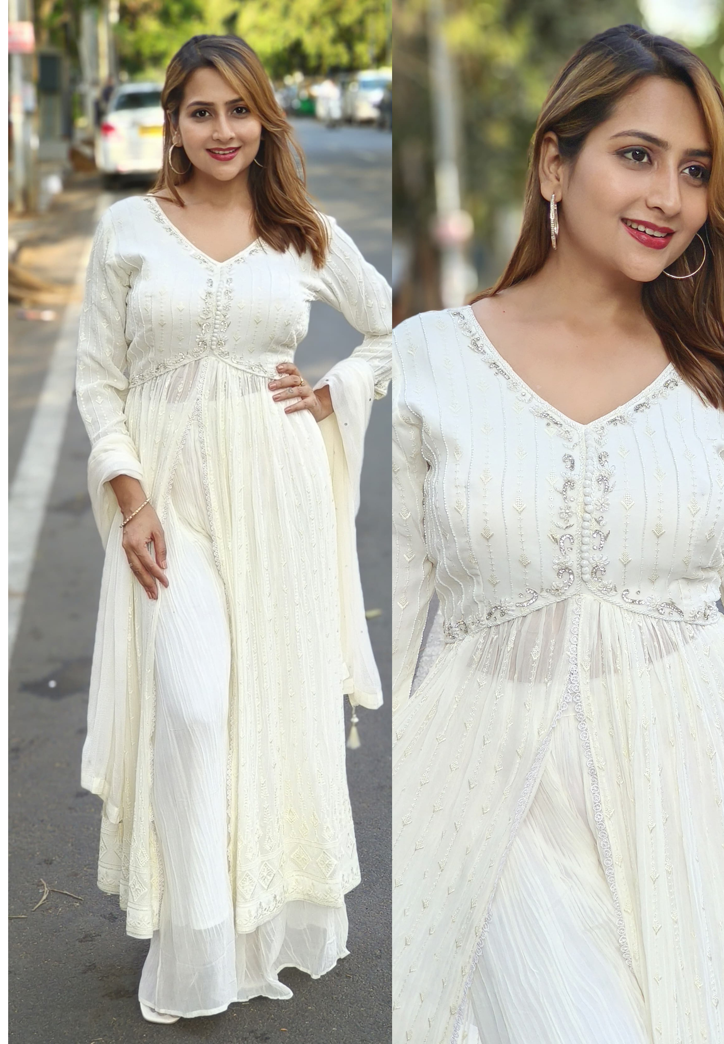 Elegant  White Pearl Stone Embroidered Front Slit full suit Set 04851