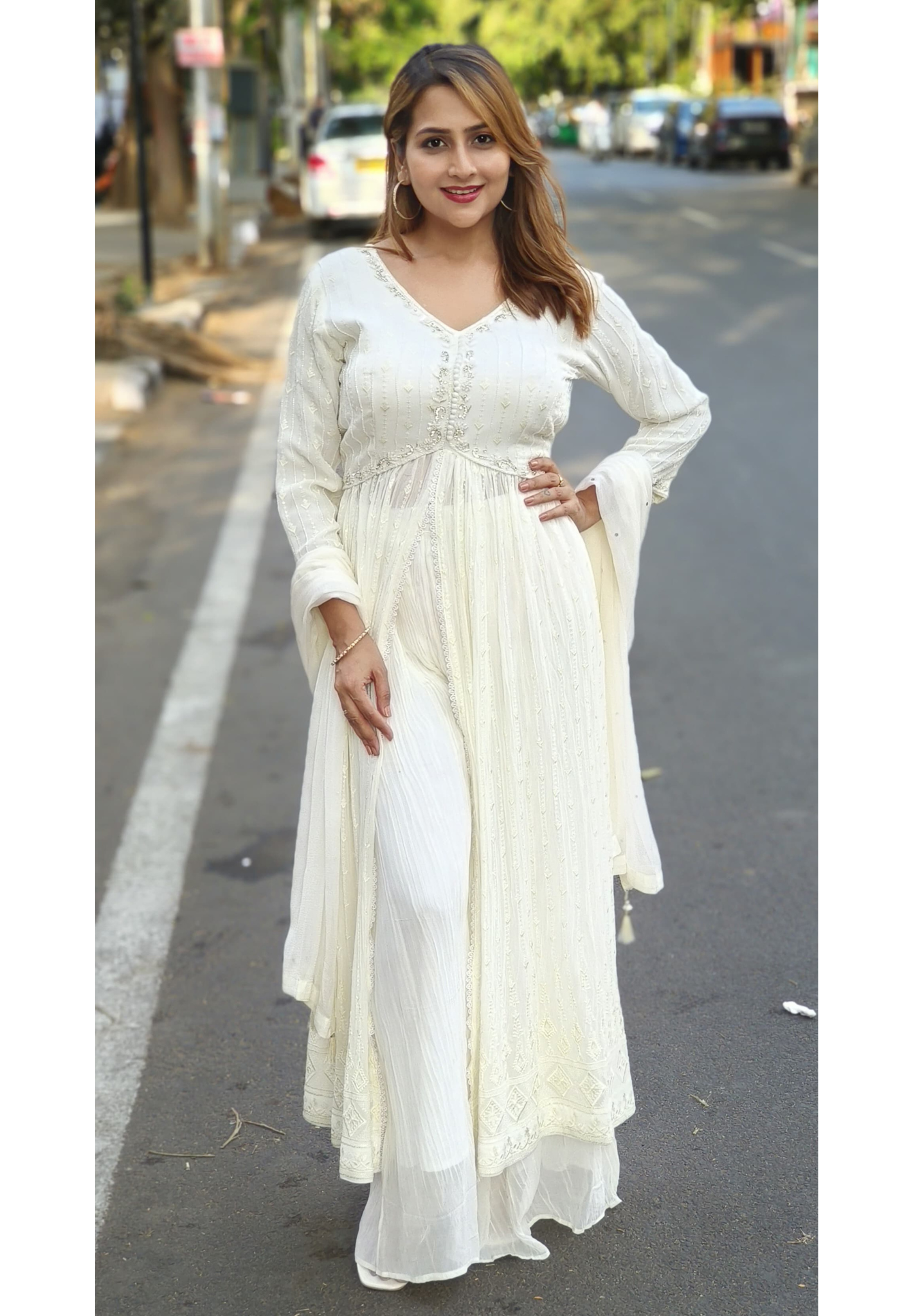 Elegant  White Pearl Stone Embroidered Front Slit full suit Set 04851