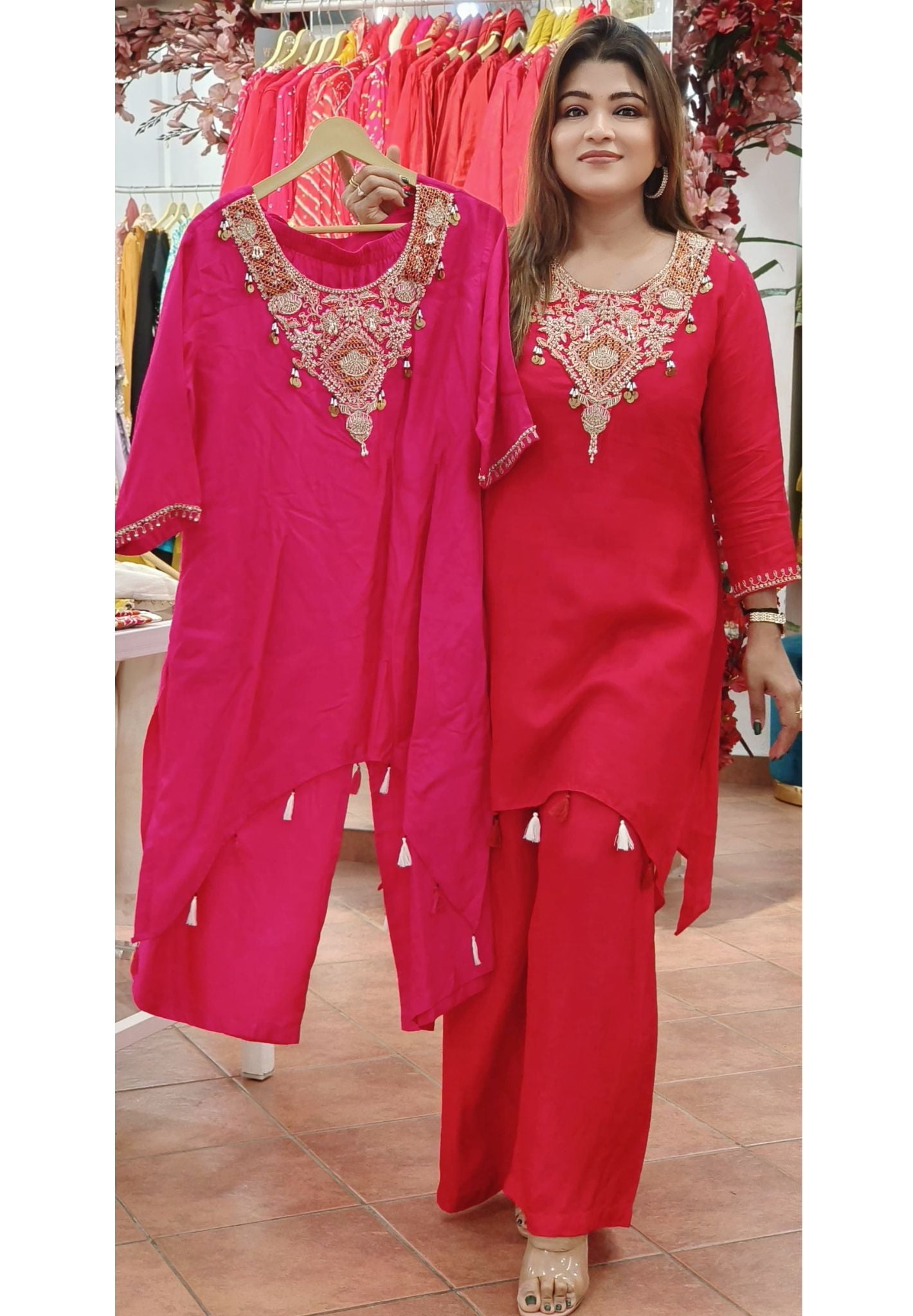 Embroidered High Low Silk Kurta With Loose Bottom -07072