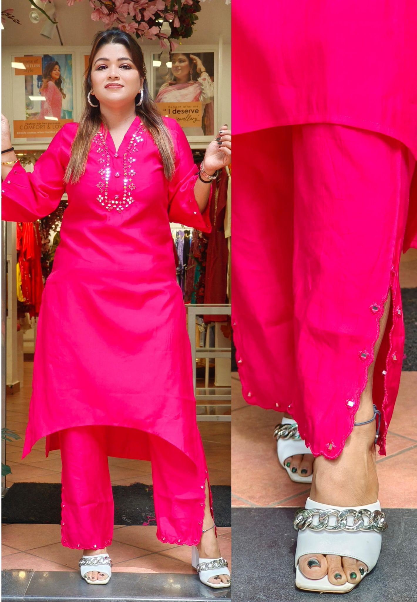 Real Mirror Embroidered Neck High Low Kurta Pant -07165