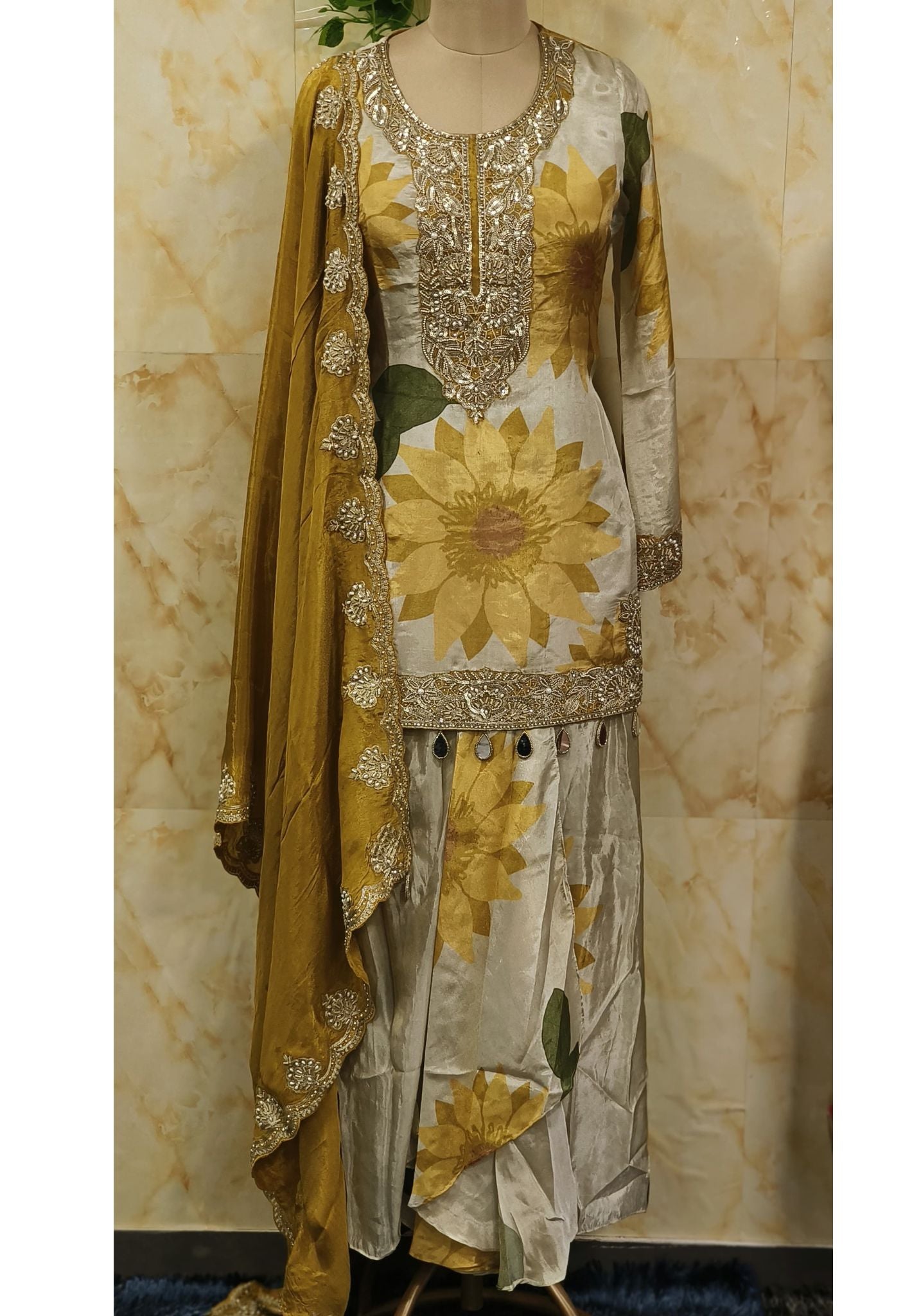 Beautiful Floral Simmer Tissue Sequence Embroidery Kurti and Dhoti Skirt With Heavy Dupatta-07279