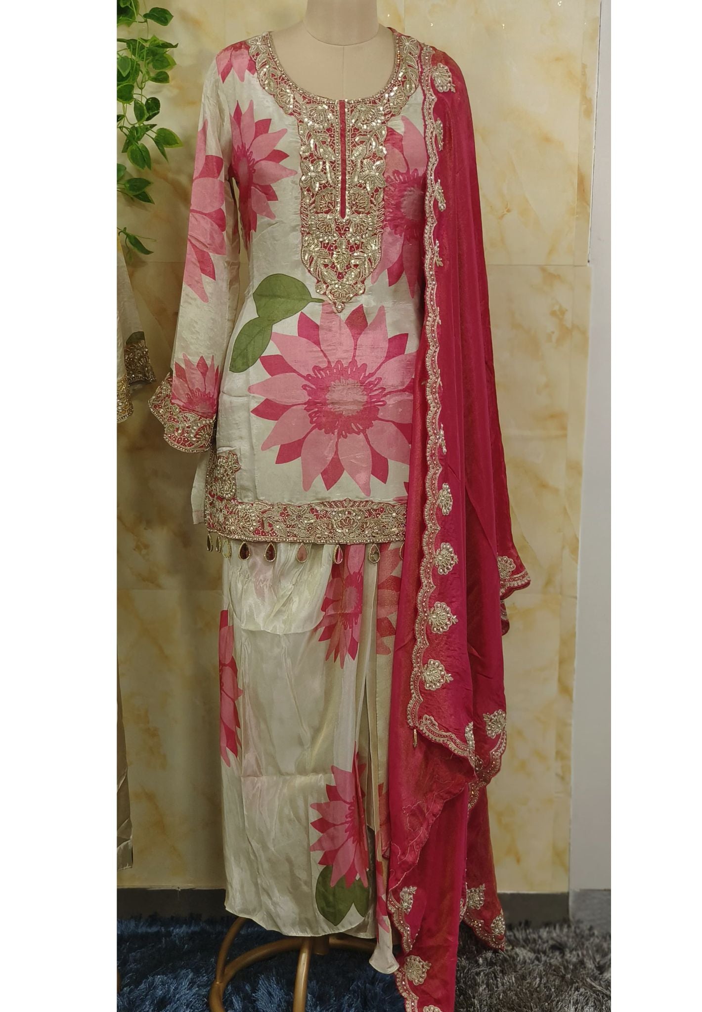 Beautiful Floral Simmer Tissue Sequence Embroidery Kurti and Dhoti Skirt With Heavy Dupatta-07279