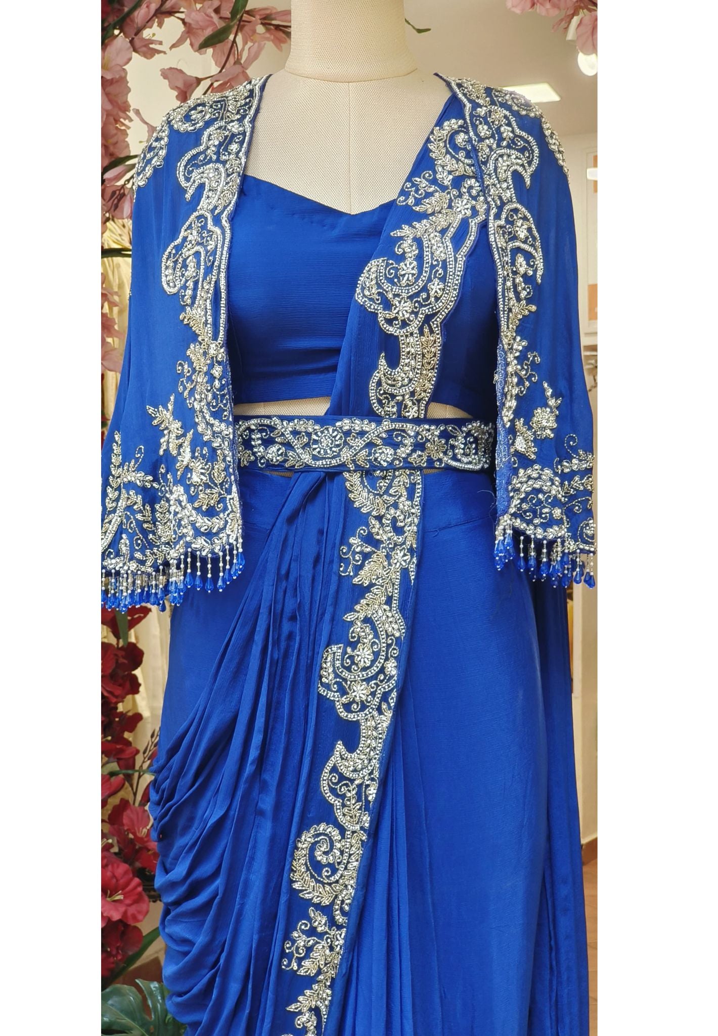 Heavy Designer Cut dana Embroidered Beautiful Drape Saree With Heavy Work Jacket  And Belt -DRYWASH