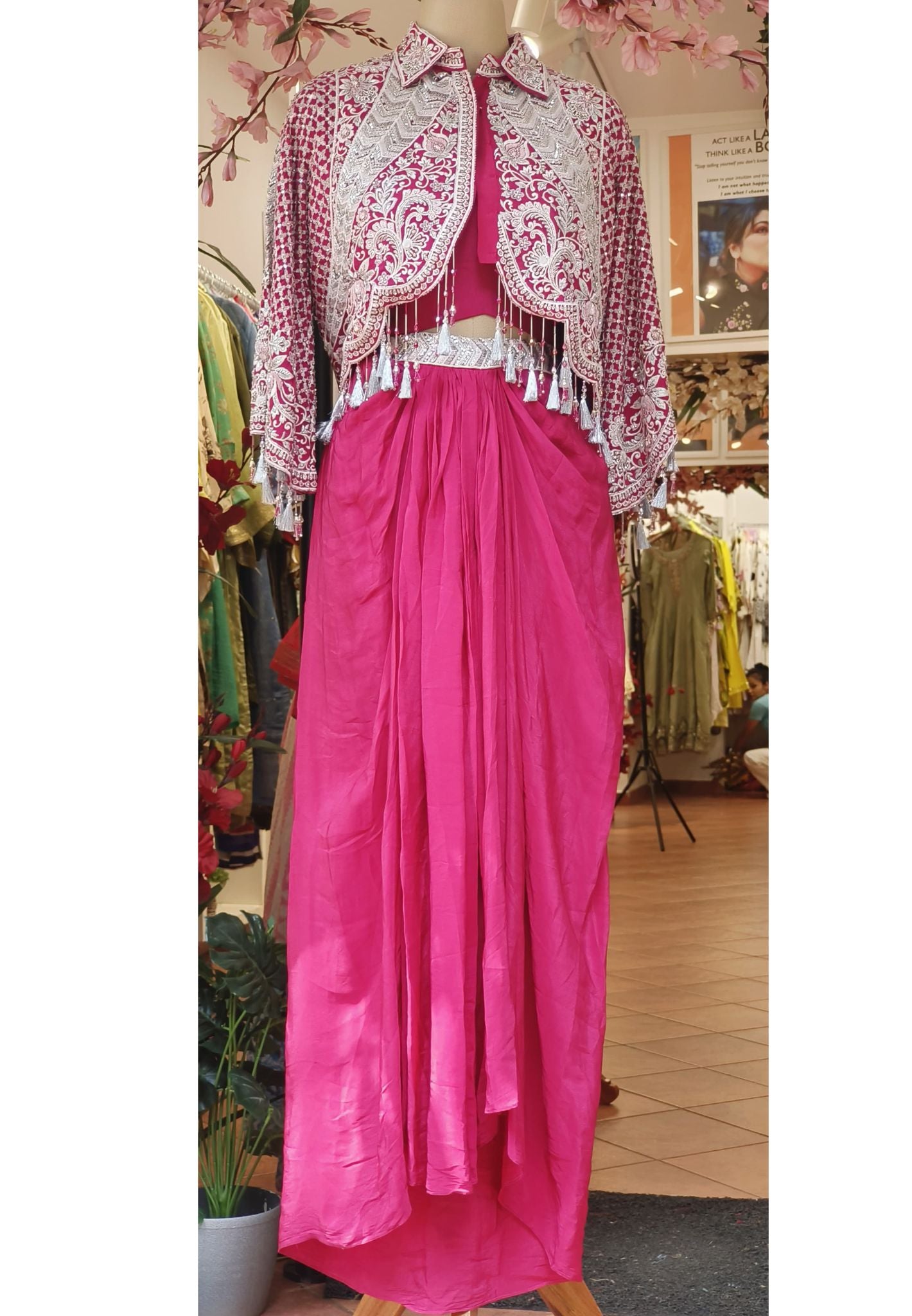 Party Wear Indo Western Crop Top And Skirt With Heavy Embroidery Jacket-07284