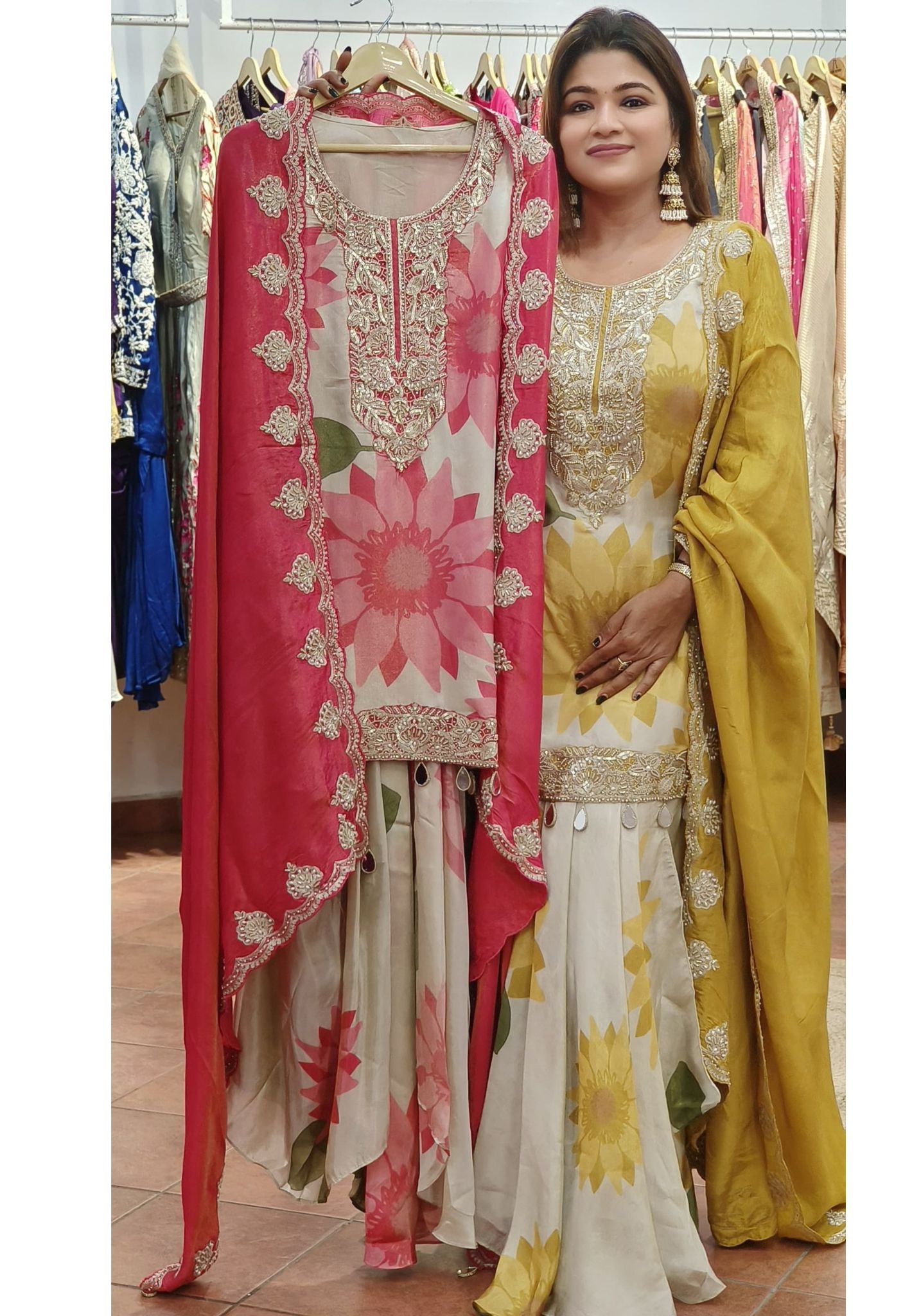 Beautiful Floral Simmer Tissue Sequence Embroidery Kurti and Dhoti Skirt With Heavy Dupatta-07279