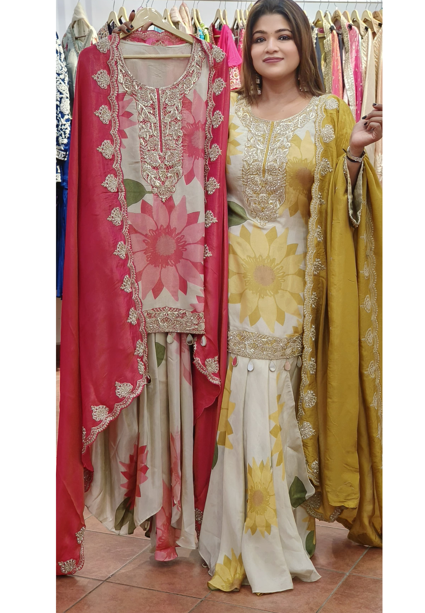 Beautiful Floral Simmer Tissue Sequence Embroidery Kurti and Dhoti Skirt With Heavy Dupatta-07279