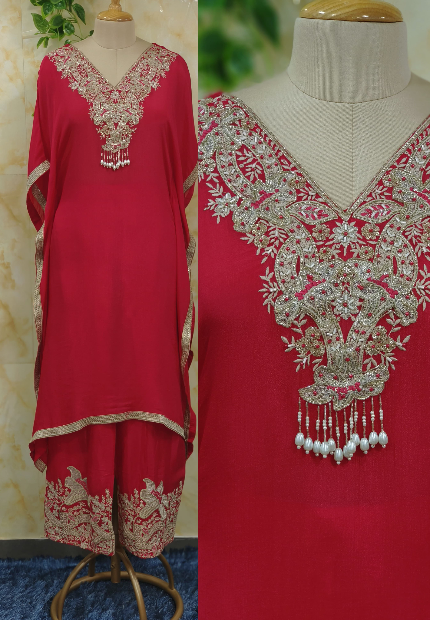 Chinon Embroidered V Neck Kaftan With Embroidered Straight Bottom DRY WASH