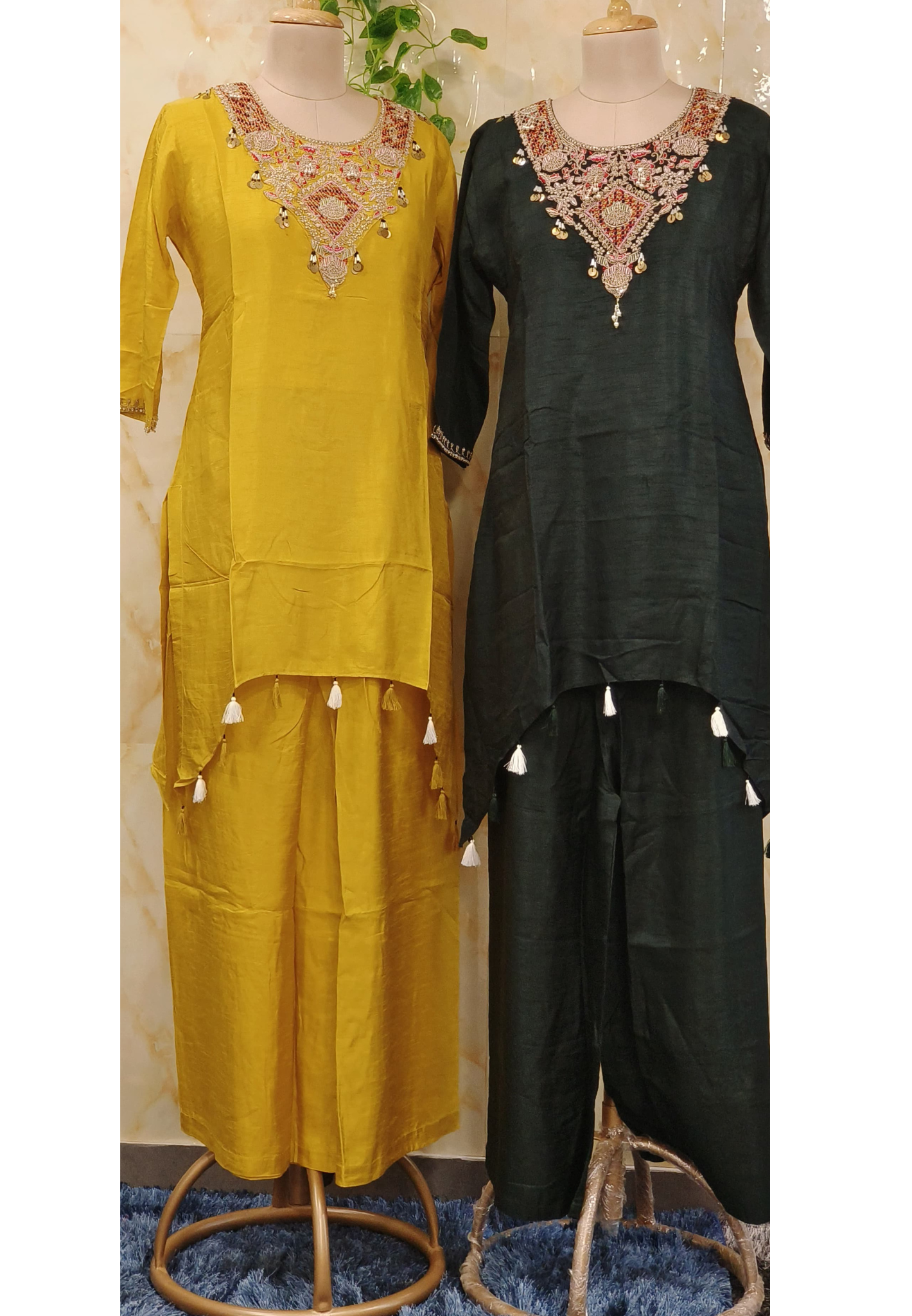 Embroidered High Low Silk Kurta With Loose Bottom -07072