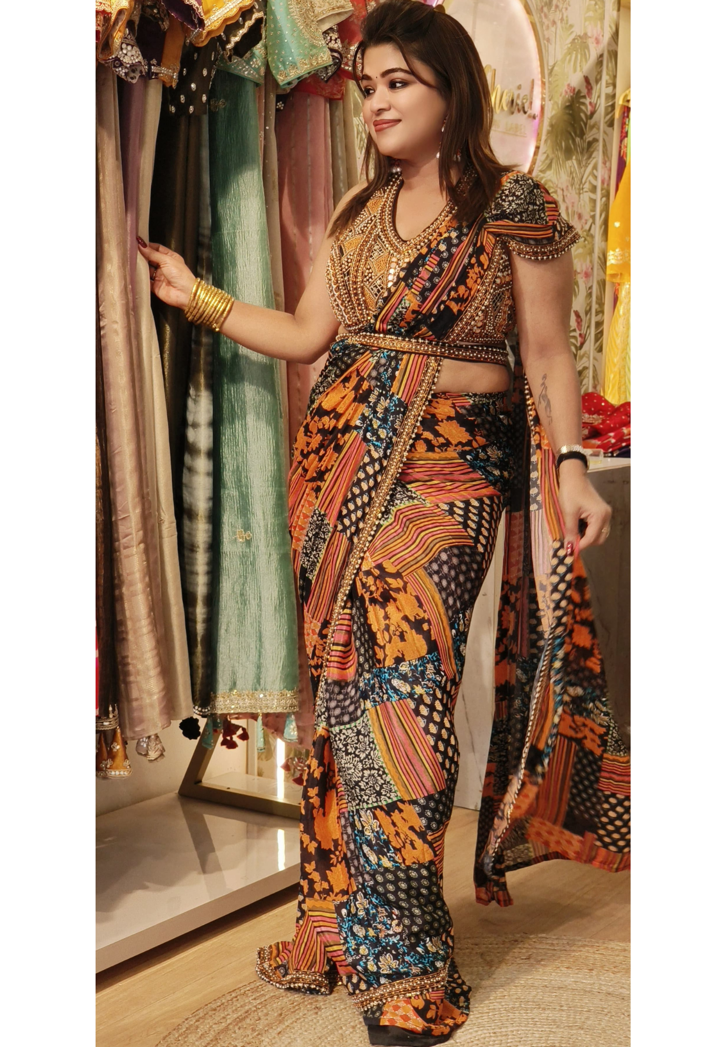 Halter Neck Designer Stylish Multi Color  Heavy Embroidery Blouse  Drape saree with Belt