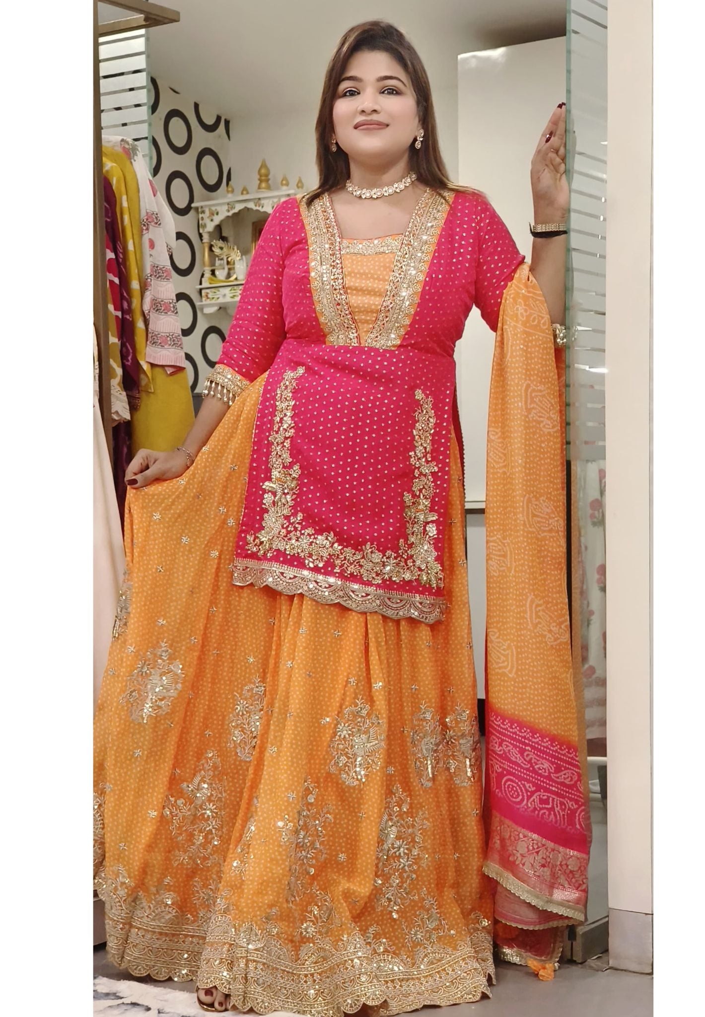 Designer Hi Slit vibrant  lehenga with gold embroidery and a matching dupatta DRYWASH