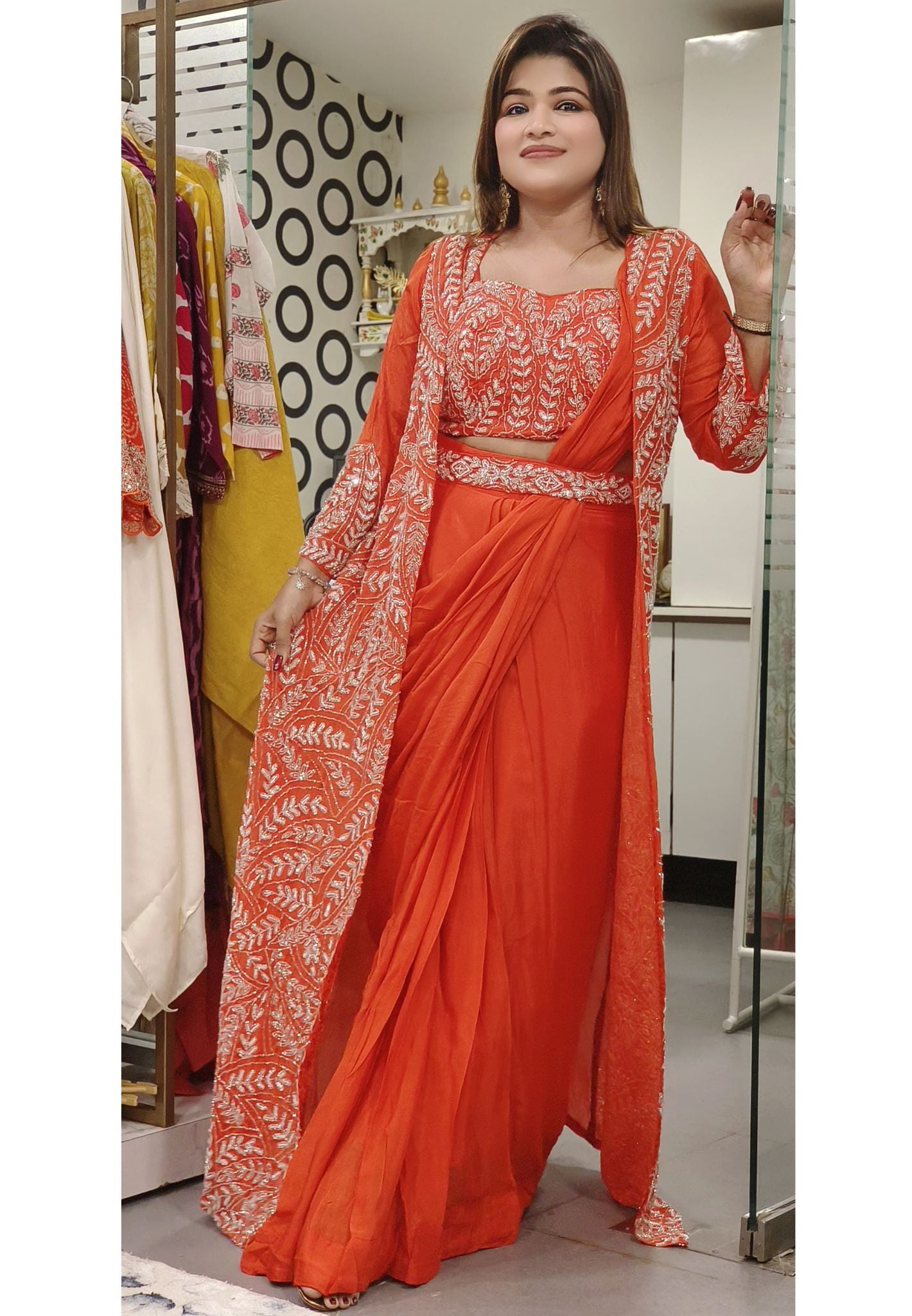 Stylish Drape Saree Heavy Embroidered Heavy Cut dana Embroidered  Work Party Wear Indo Western DRYWASH