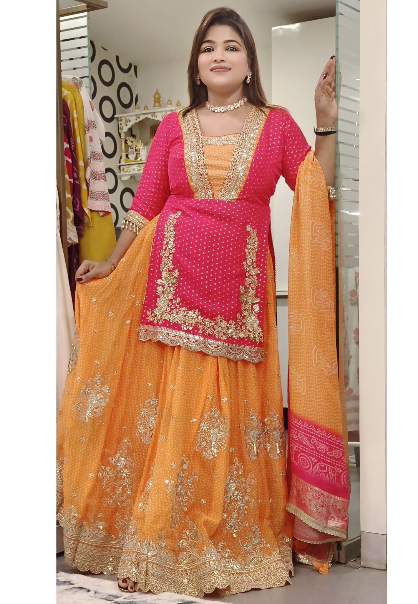 Designer Hi Slit vibrant  lehenga with gold embroidery and a matching dupatta DRYWASH