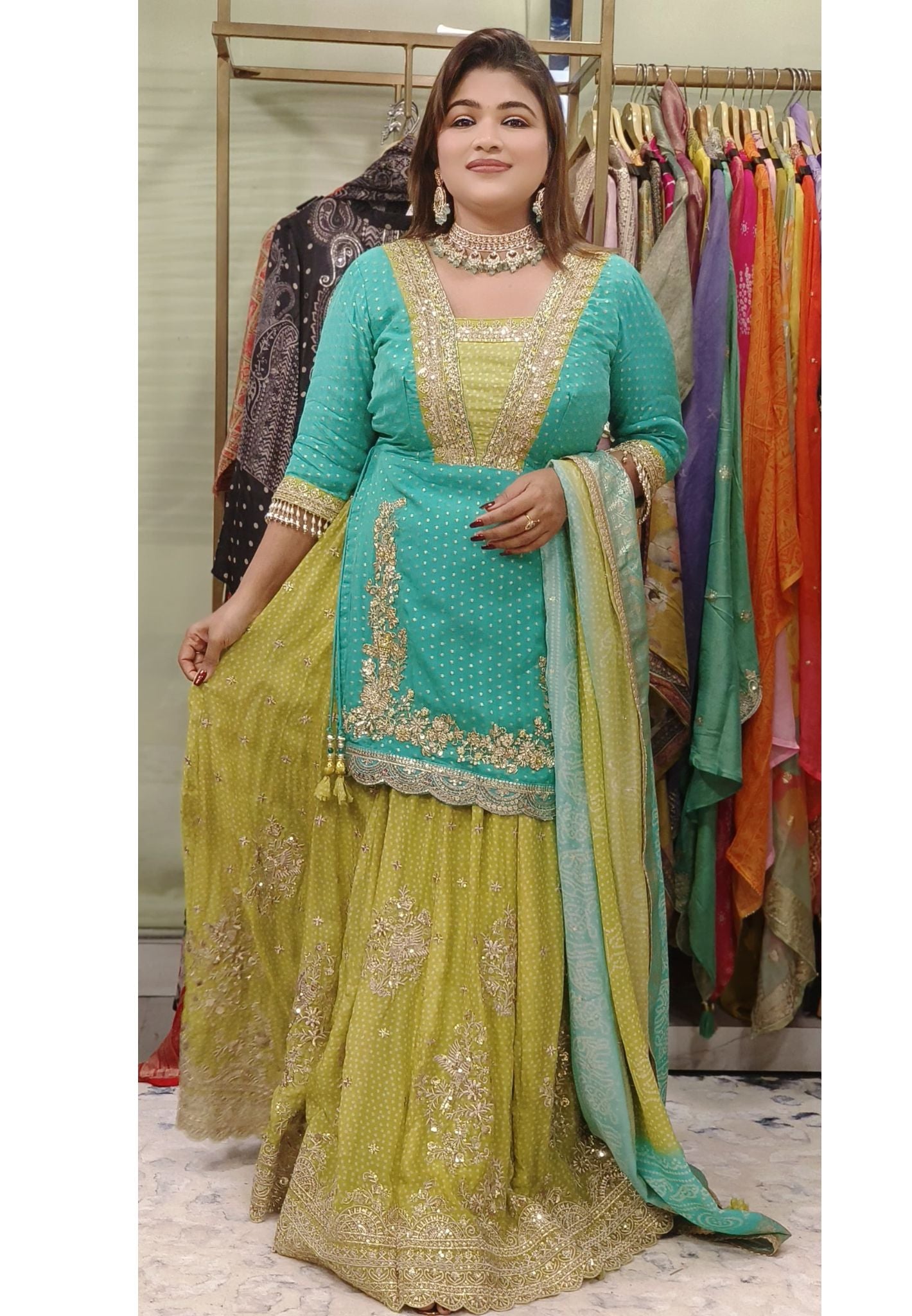 Designer Hi Slit vibrant  lehenga with gold embroidery and a matching dupatta DRYWASH