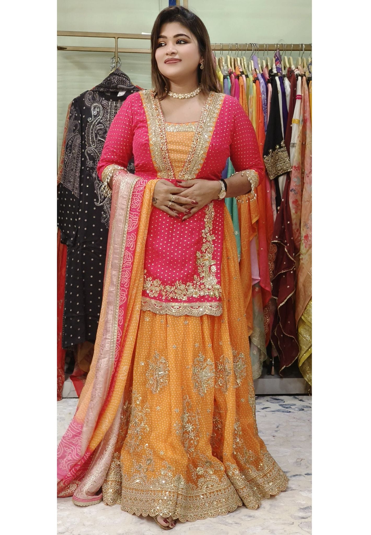 Designer Hi Slit vibrant  lehenga with gold embroidery and a matching dupatta DRYWASH