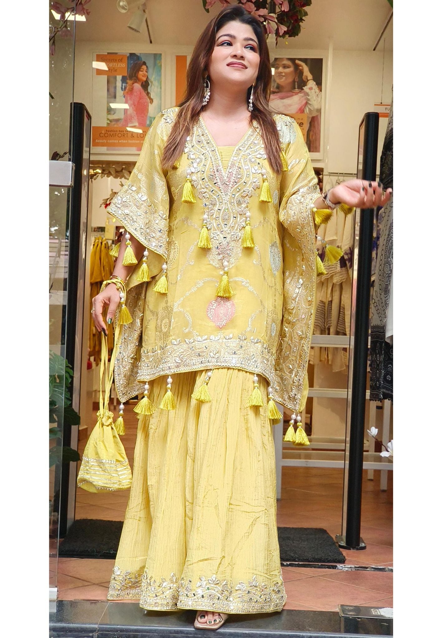 Stylish Banarasi Kaftan with Cursh Tissue Sharara and Potali DRY WASH -06735