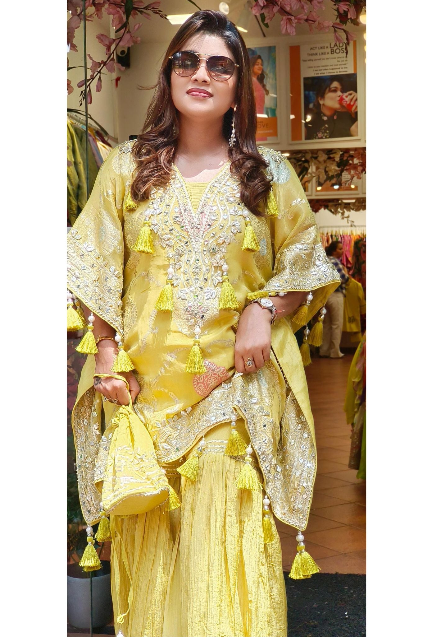 Stylish Banarasi Kaftan with Cursh Tissue Sharara and Potali DRY WASH -06735