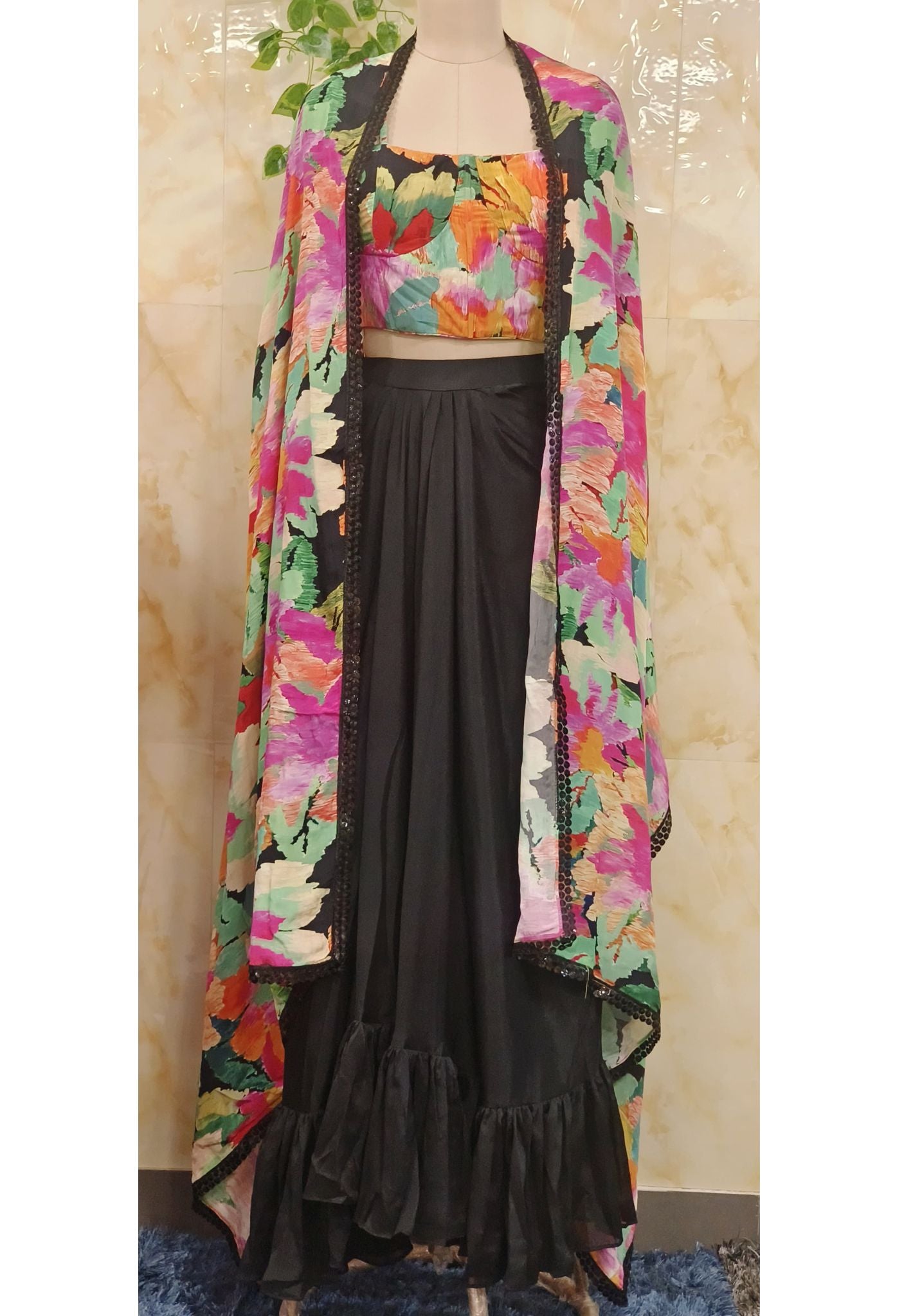 Floral printed  Indo-western Chinon Crop top jacket with dhoti Skirt  DRY WASH ONLY