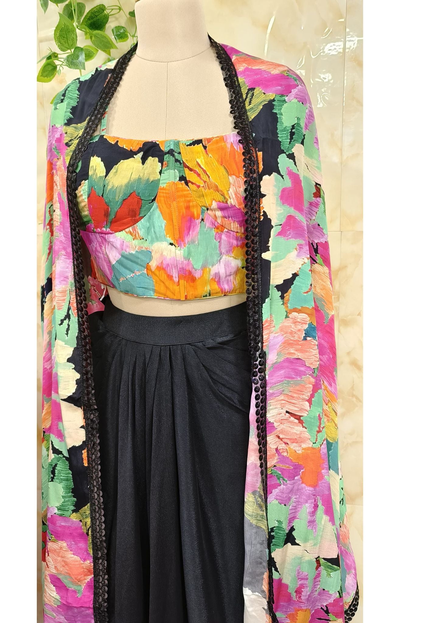 Floral printed  Indo-western Chinon Crop top jacket with dhoti Skirt  DRY WASH ONLY