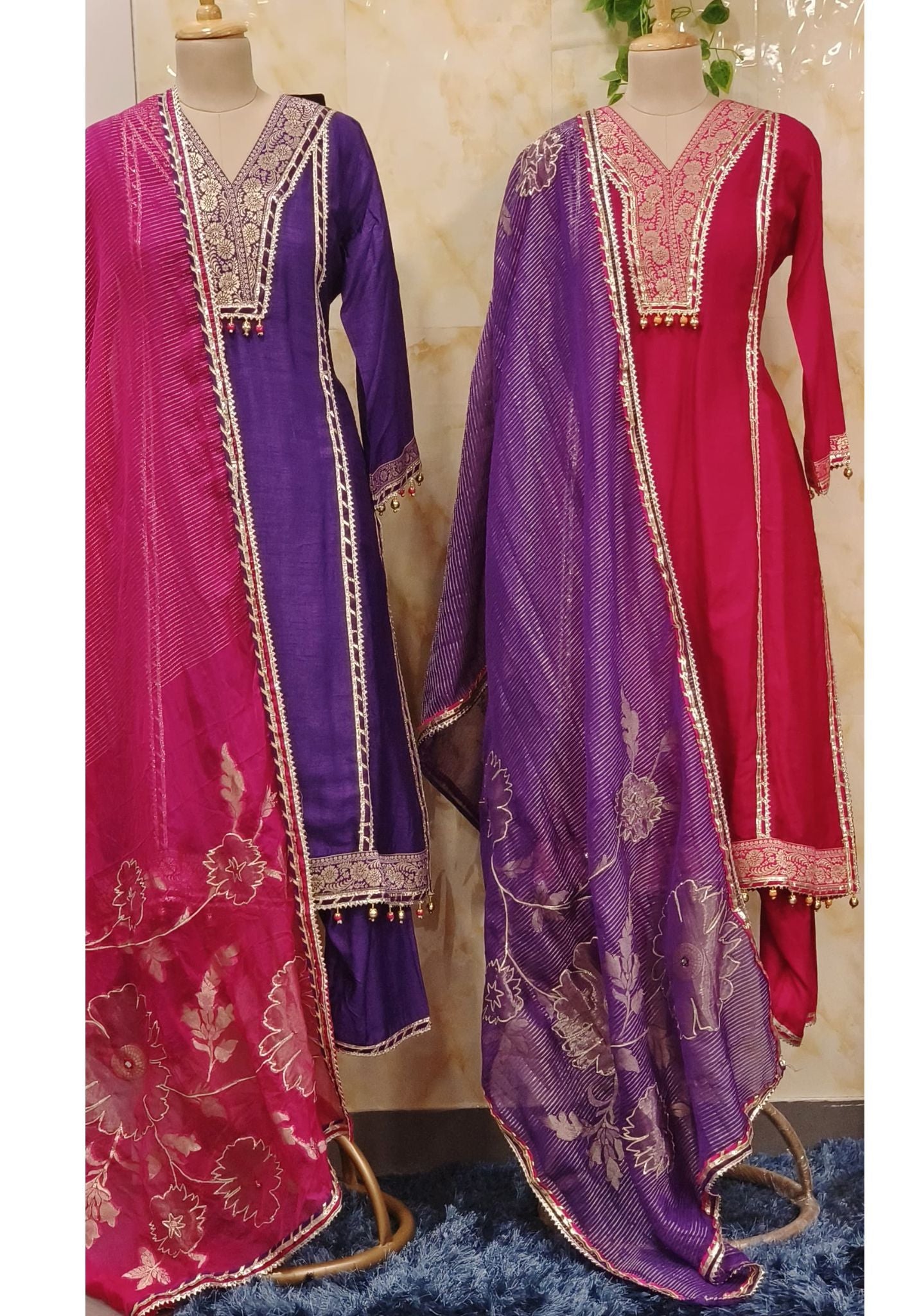 Elegant Dual-Tone Embroidered Anarkali Suit Set with Gotta Floral Dupatta - Purple/Pink & Red/Purple Variants -07364-65