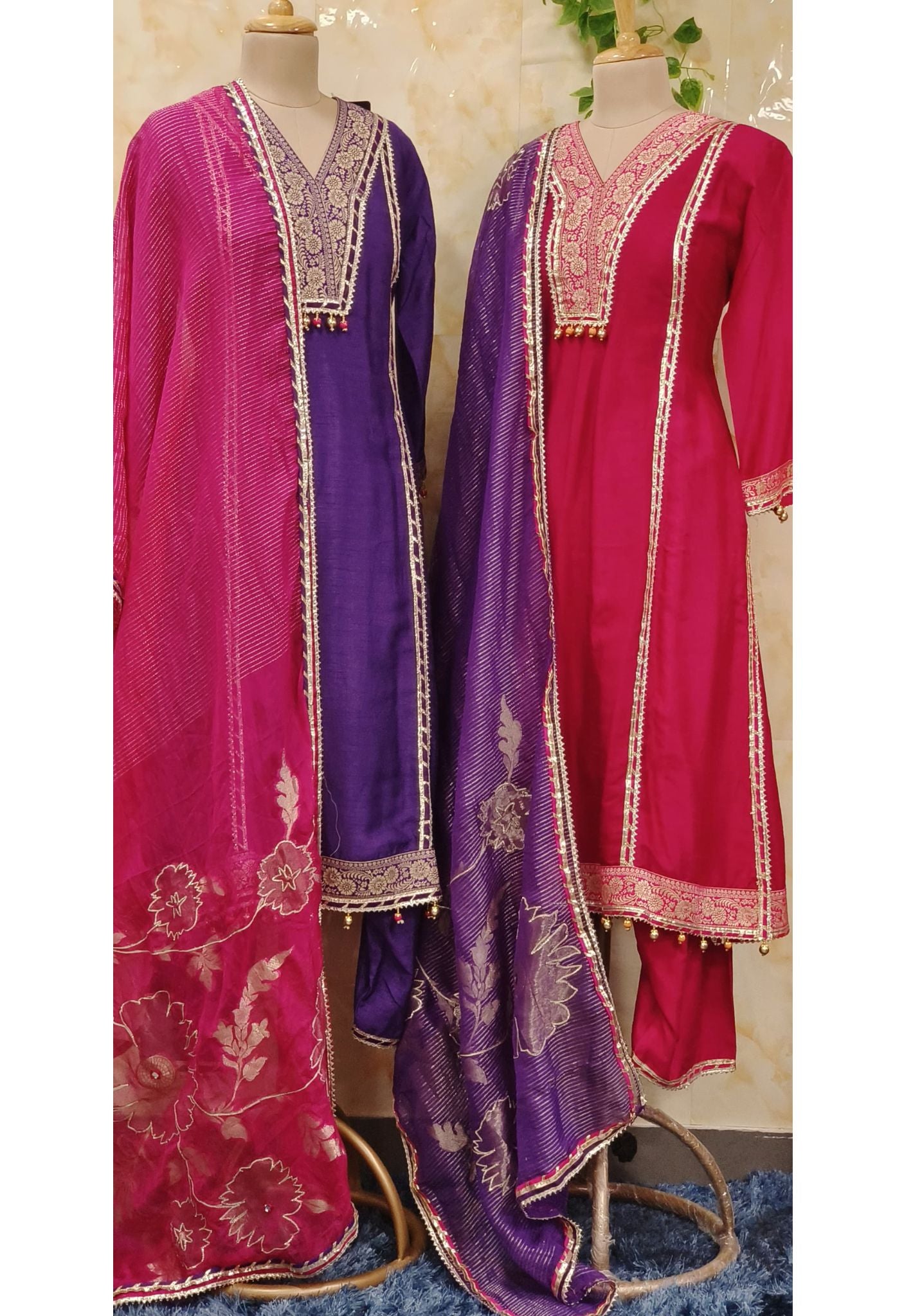 Elegant Dual-Tone Embroidered Anarkali Suit Set with Gotta Floral Dupatta - Purple/Pink & Red/Purple Variants -07364-65