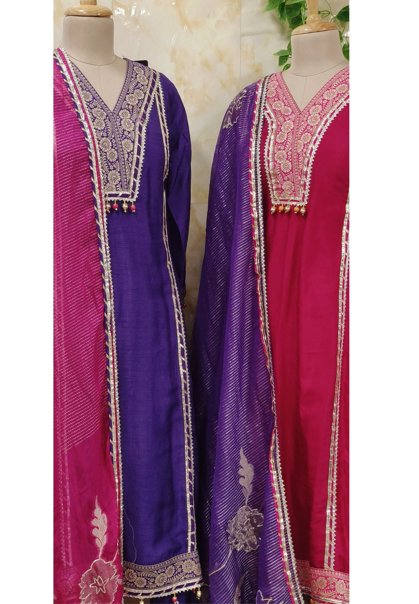 Elegant Dual-Tone Embroidered Anarkali Suit Set with Gotta Floral Dupatta - Purple/Pink & Red/Purple Variants -07364-65