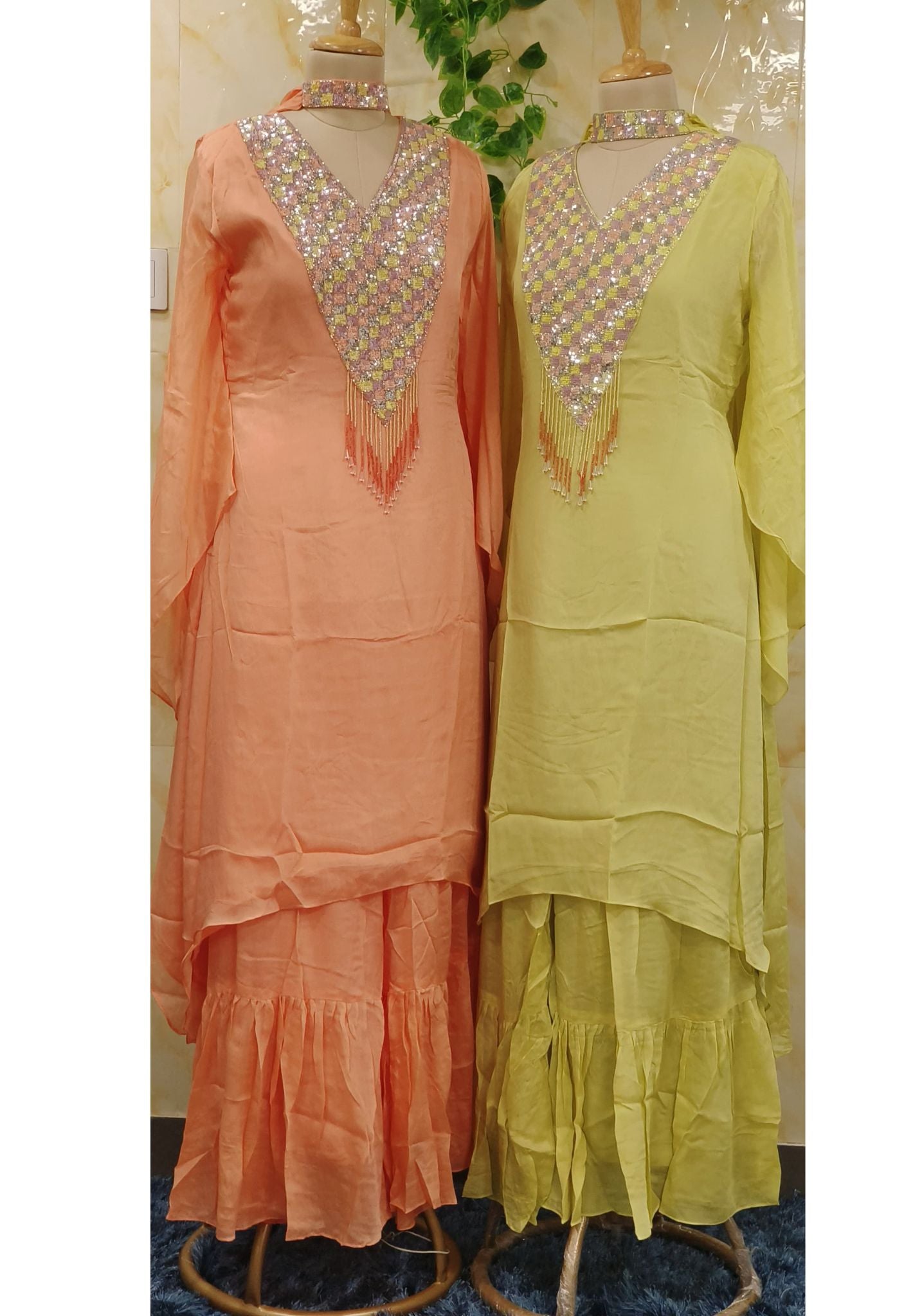 Peach Elegance Sequined Kaftan Sharara Set with Bell Sleeves - Designer Party Wear Collection Party Wear -07445  DRYWASH