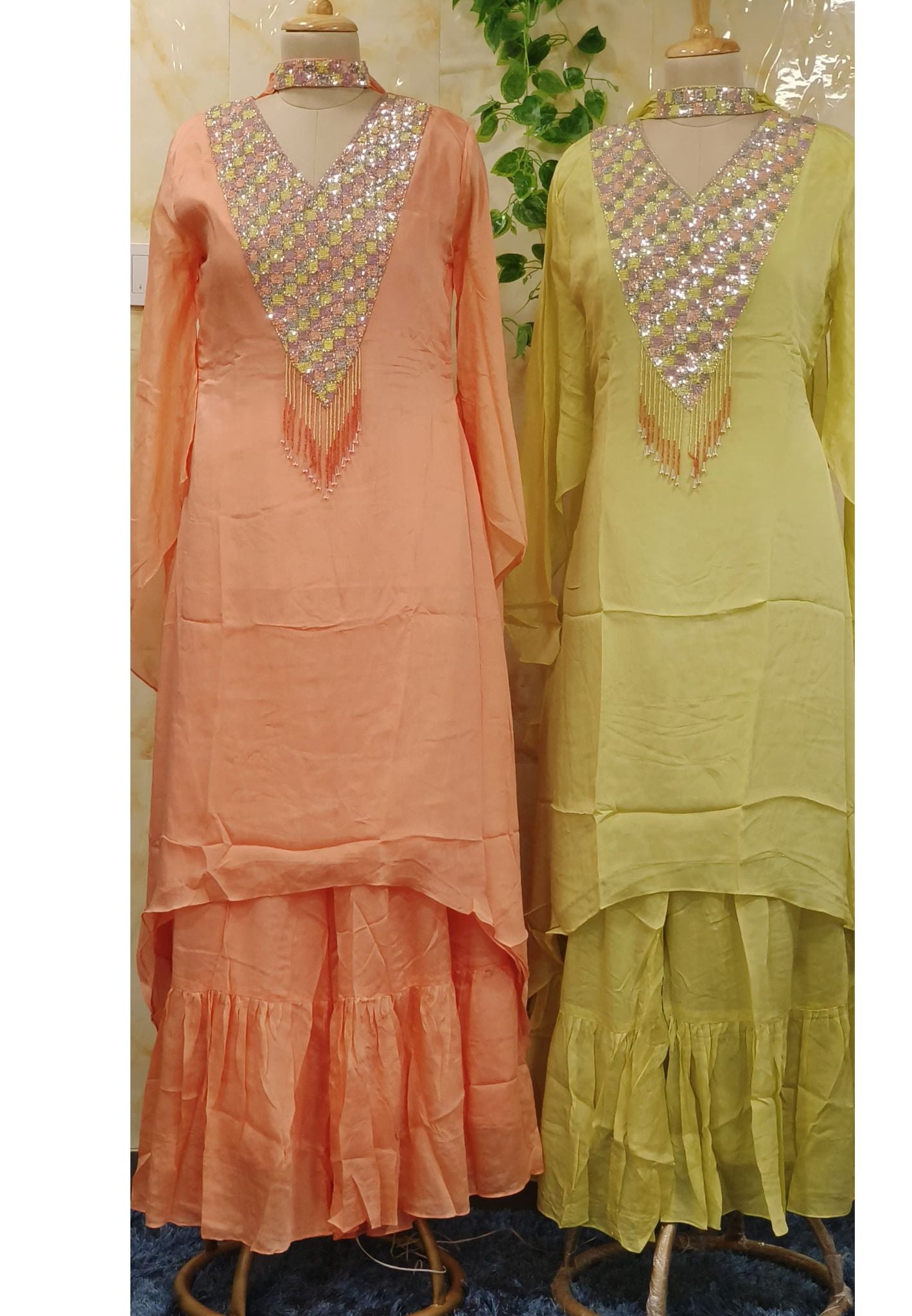 Peach Elegance Sequined Kaftan Sharara Set with Bell Sleeves - Designer Party Wear Collection Party Wear -07445  DRYWASH