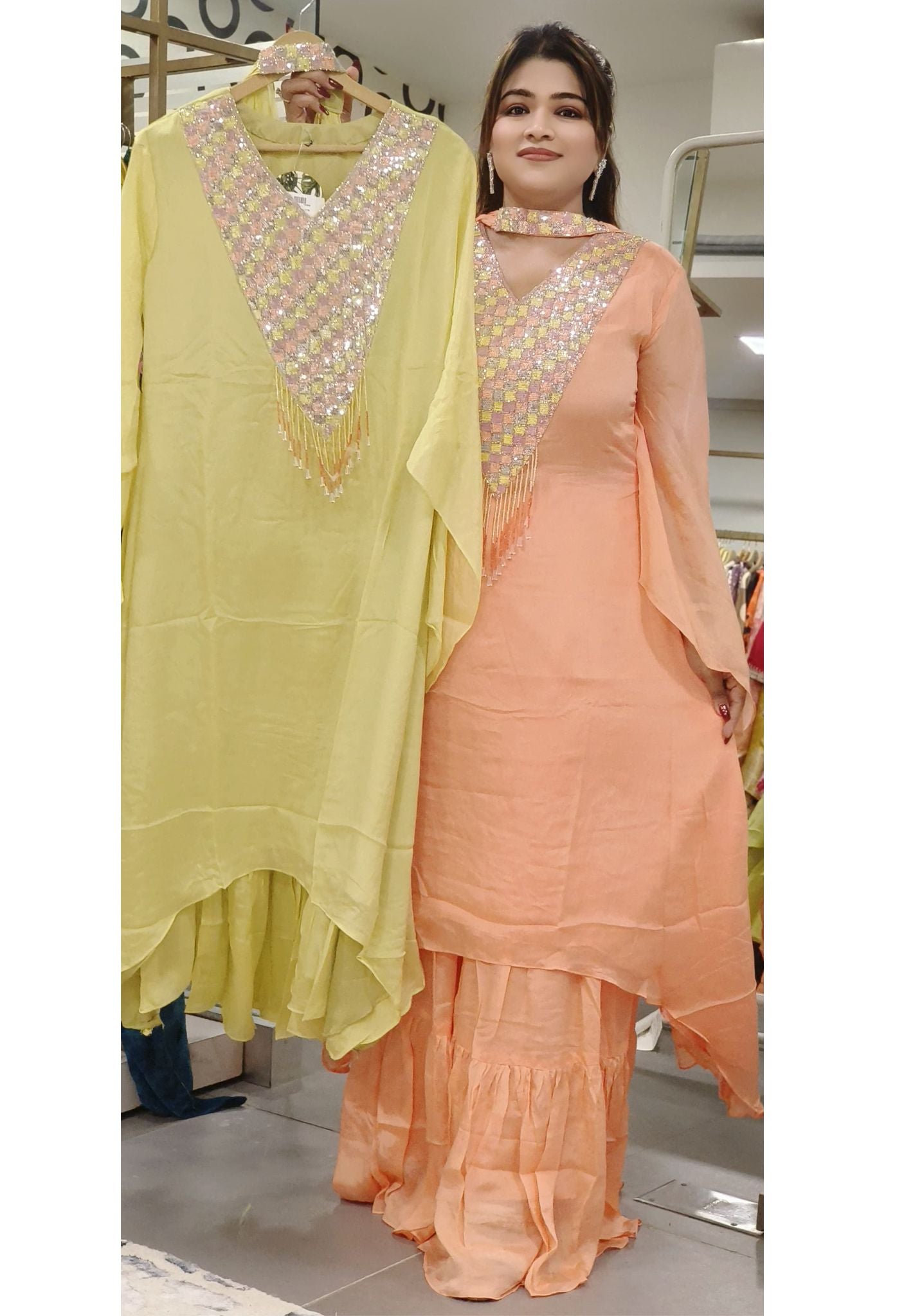 Peach Elegance Sequined Kaftan Sharara Set with Bell Sleeves - Designer Party Wear Collection Party Wear -07445  DRYWASH