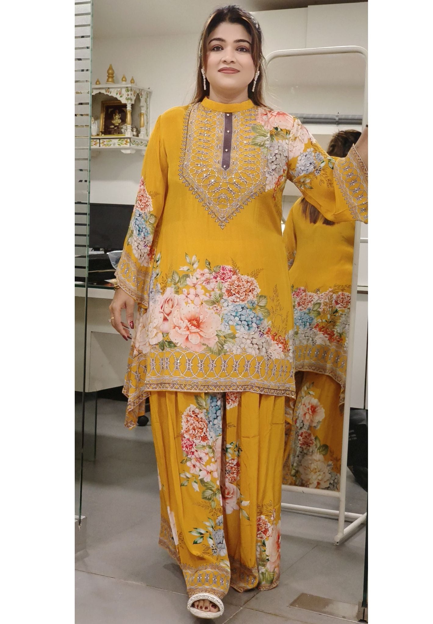 Floral print Embroidered Party Wear Short Top With Flare Plazzo -07398