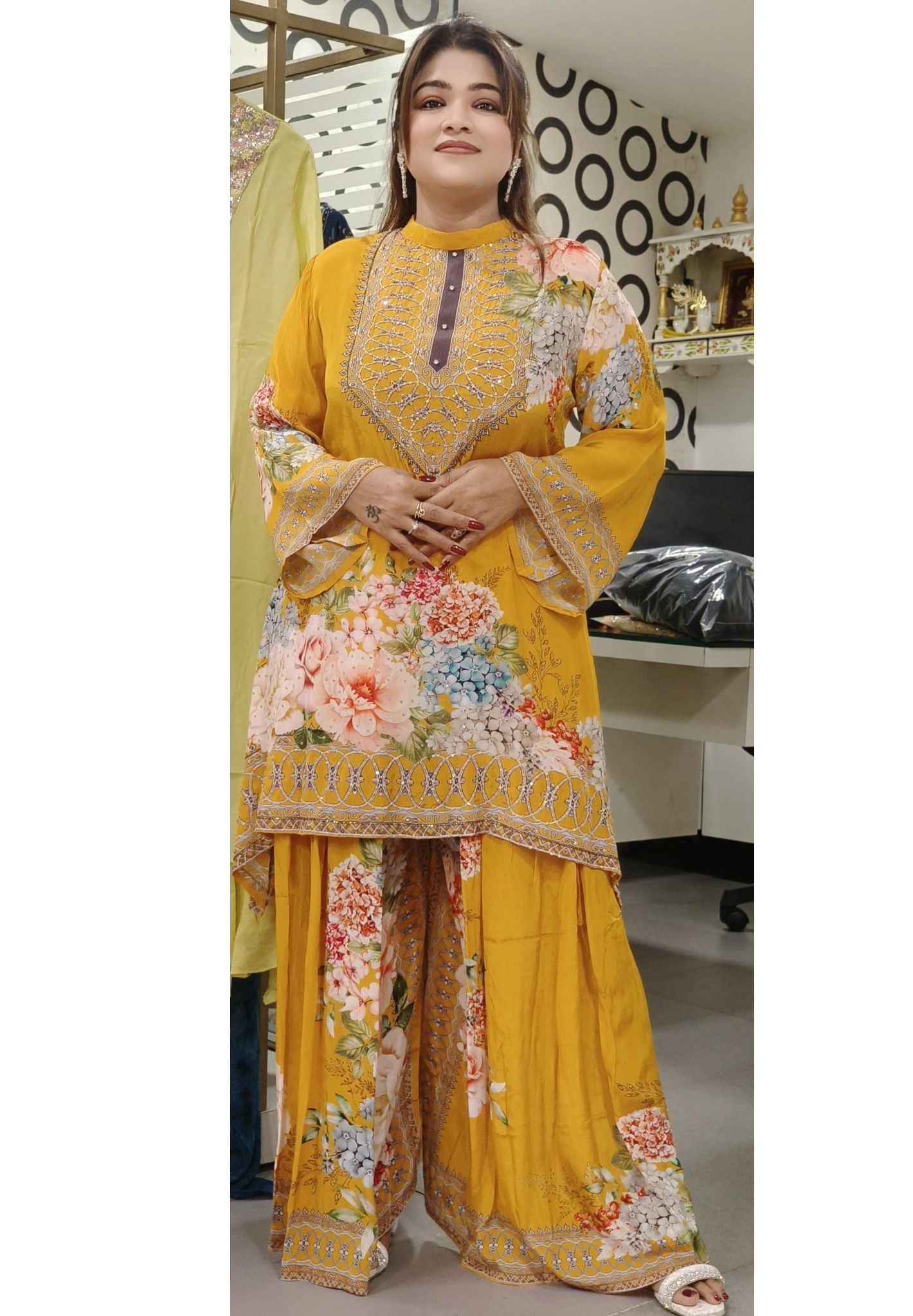 Floral print Embroidered Party Wear Short Top With Flare Plazzo -07398