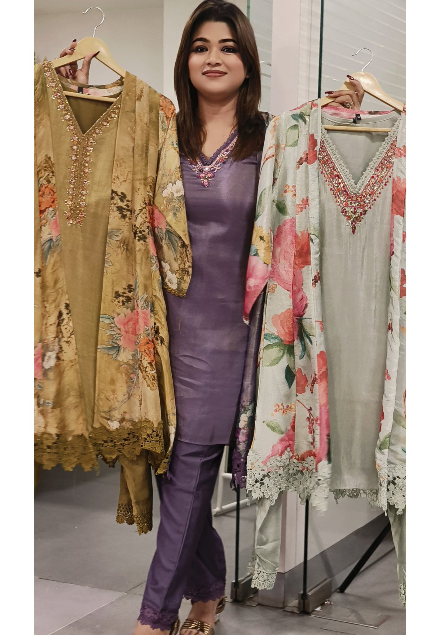 Embroidered Floral 3-Piece Suits with Lace Detail Shimmer Tissue Real Mirror Work full Set -07348