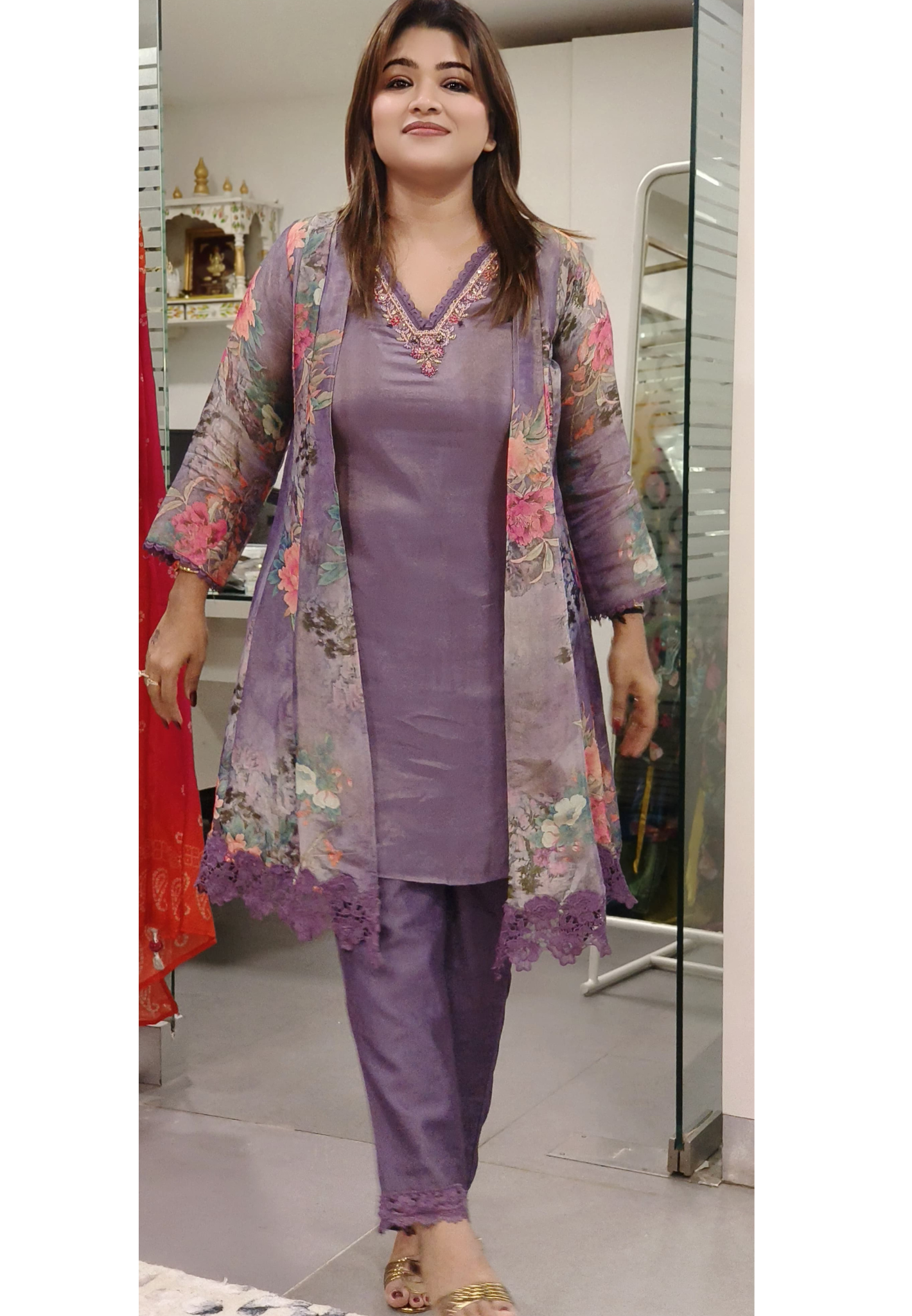 Embroidered Floral 3-Piece Suits with Lace Detail Shimmer Tissue Real Mirror Work full Set -07348