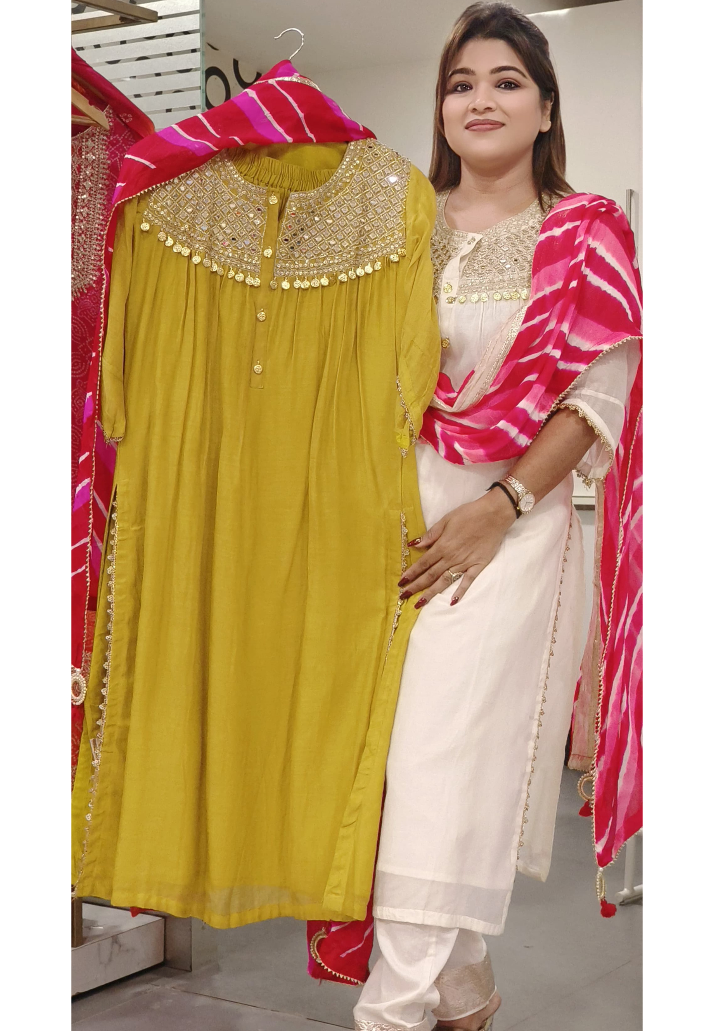 Pure Mul Chanderi Real Mirror Work full Set with lehriya Dupatta-06680 DRYWASH
