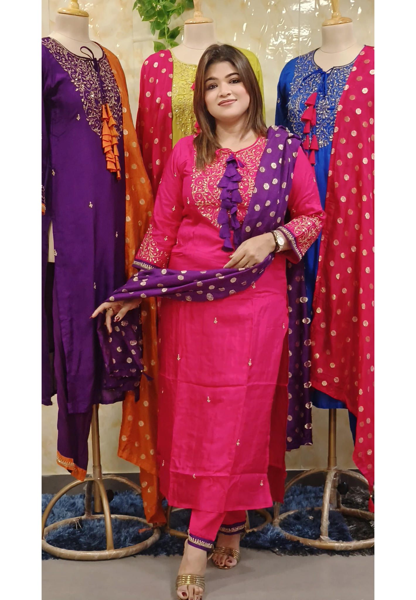 Vibrant Colors Silk Embroidery  Full suit with tassel 6651
