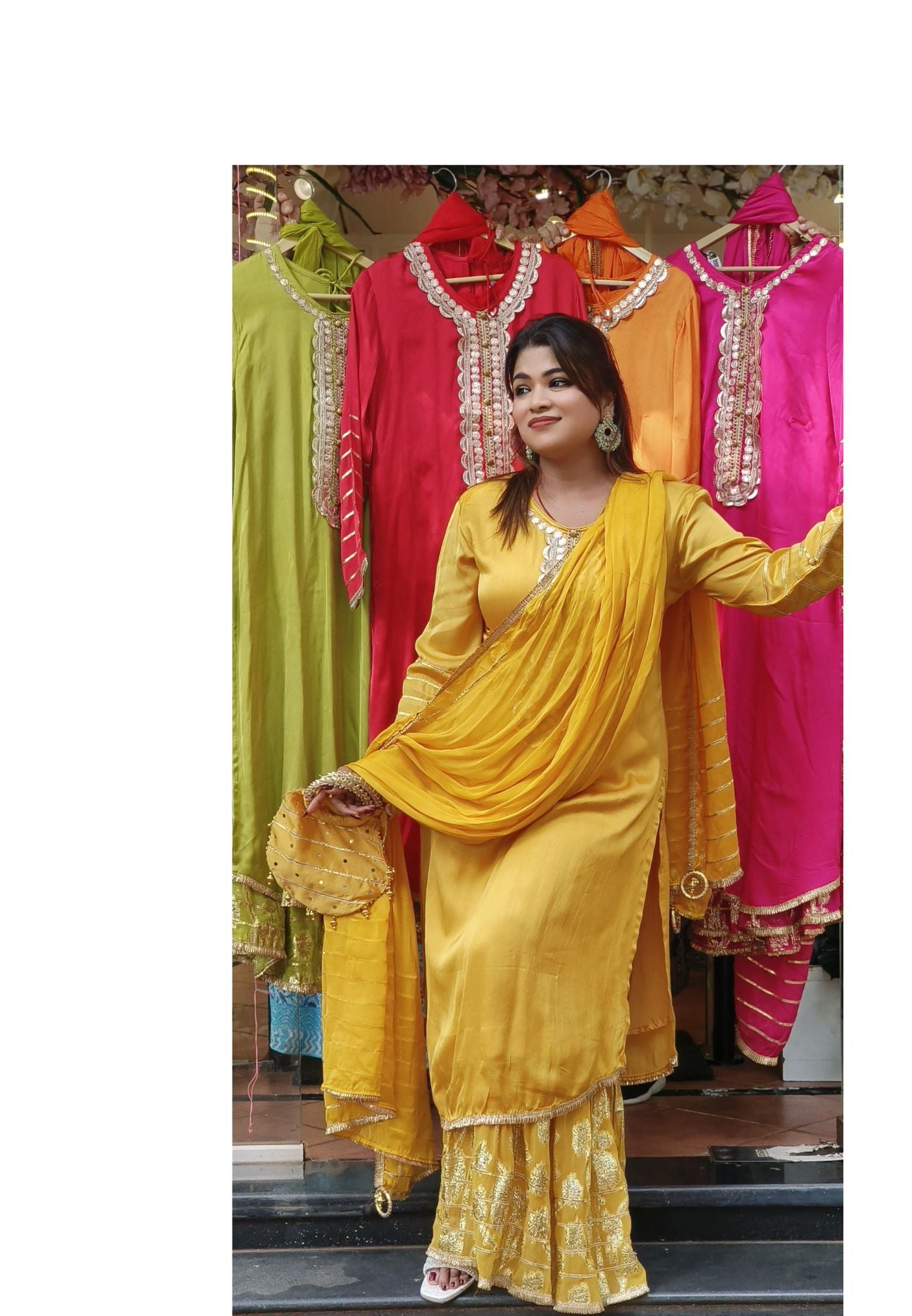 Party Wear Satin Suit with Gold Embroidered Neckline and Gotta Dupatta-DRYWASH