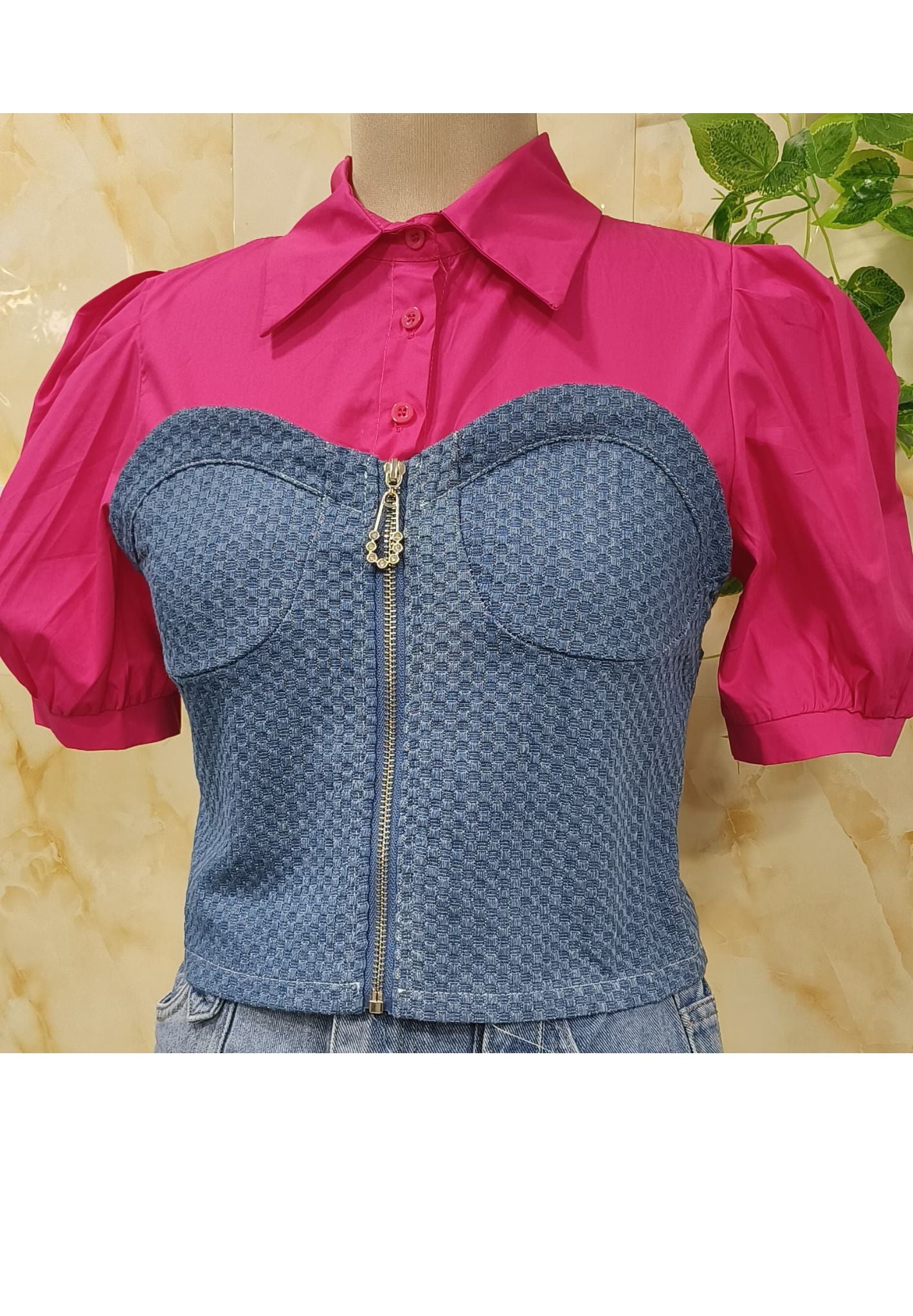 Denim shirt-style zipper crop top