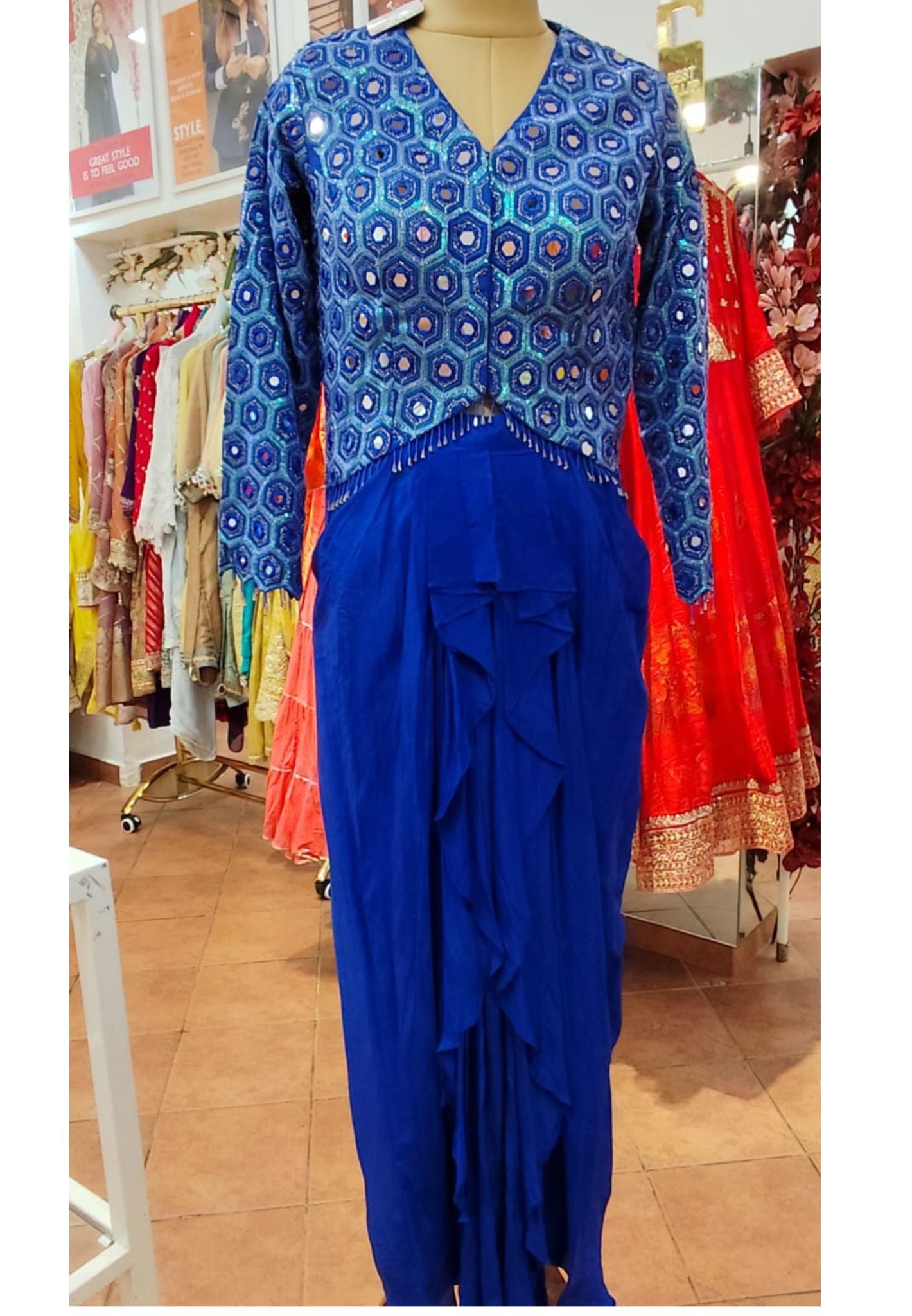 Royal Blue Hexagon Embroidered Crop Top with Draped Skirt Set-07415