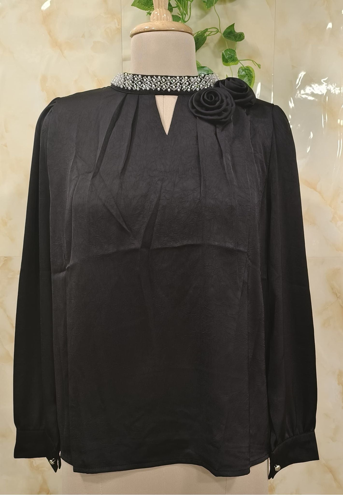 Casual Puff Sleeves Solid Women Top with decorative rose embellishment at the collar-07503